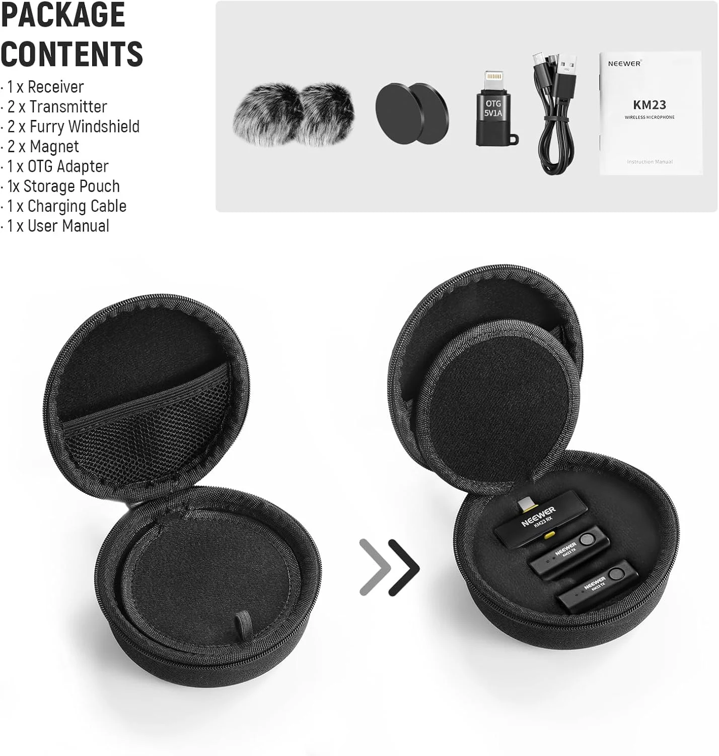 سیستم میکروفون بیسیم یقهای NEEWER، 1 عدد گیرنده USB C با آداپتور OTG و 2 عدد فرستنده کندانسور همه جهته با قابلیت حذف نویز سازگار با iPhone 16 Pro Max S24 Ultra، مدل KM23 سیستم میکروفون بیسیم یقهای NEEWER، 1 عدد گیرنده USB C با آداپتور OTG و 2 عدد فرستنده کندانسور همه جهته با قابلیت حذف نویز سازگار با iPhone 16 Pro Max S24 Ultra، مدل KM23