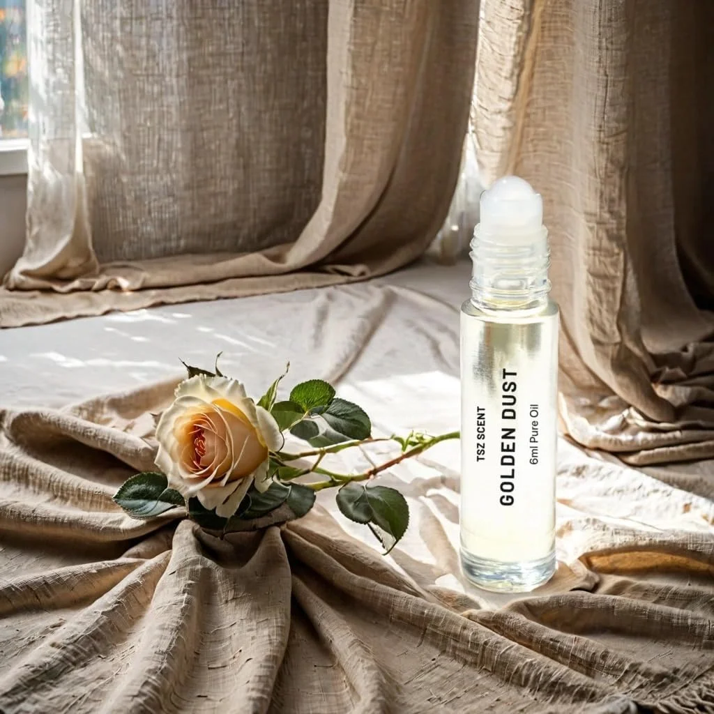 عطر روغنی متمرکز گلدن داست TSZ Scent زنانه و مردانه، 6 میلی لیتر، رایحه وانیل و عنبر ماندگار، نت های مشک شیرین سایز مسافرتی