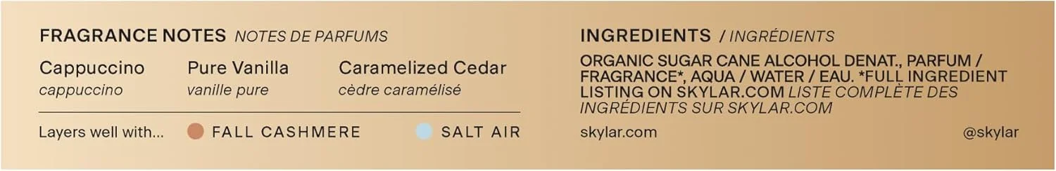 ادکلن وانیلا اسکای Skylar - عطر ضد حساسیت و پاکیزه برای زنان و مردان، وگان و ایمن برای پوست های حساس - رایحه های کاپوچینو، وانیل و سدر کاراملی - 10 میلی لیتر