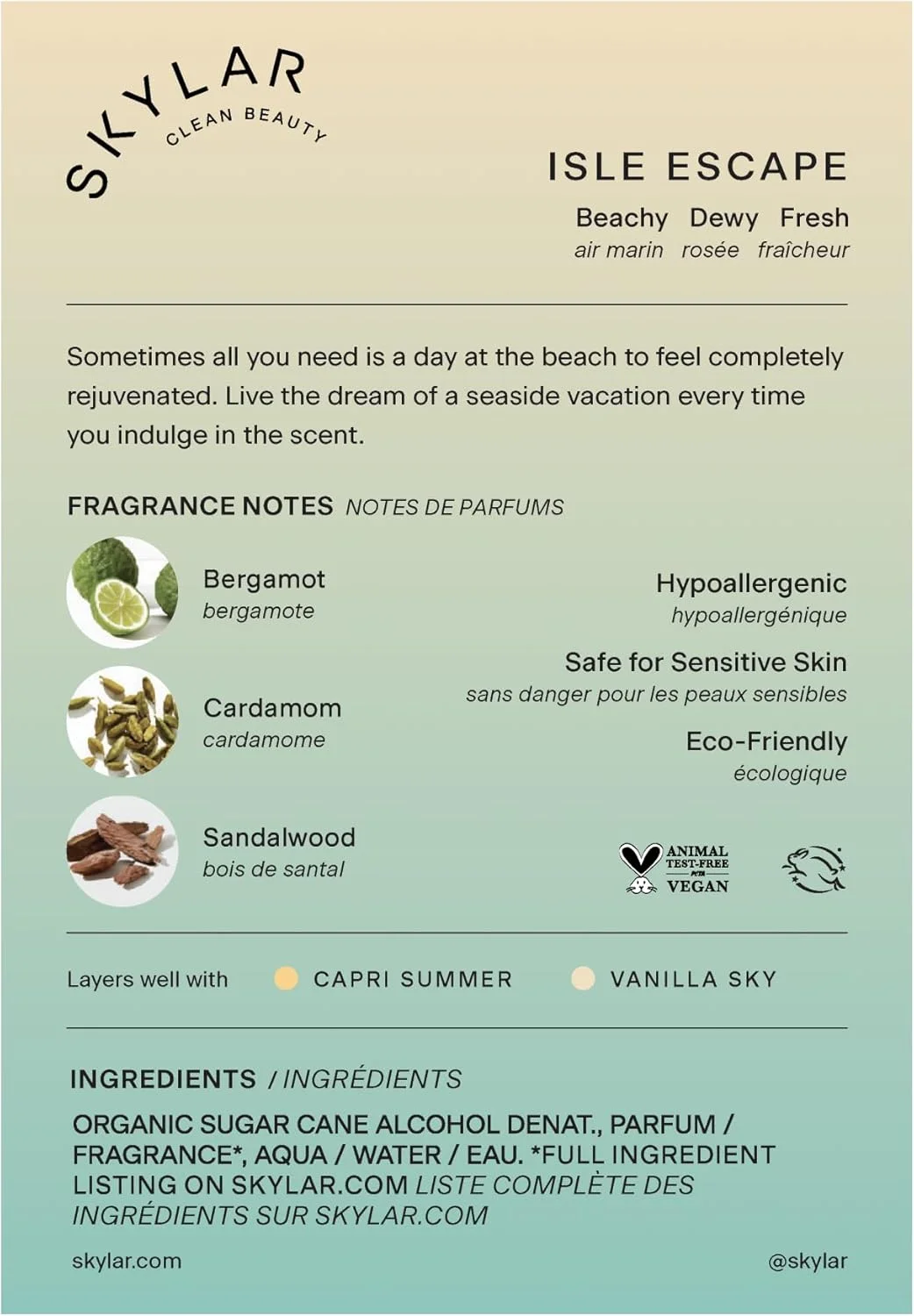 عطر ادو پرفیوم Skylar Isle Escape - عطر تمیز و ضد حساسیت برای زنان و مردان، وگان و ایمن برای پوست های حساس - عطر تازه با رایحه ترنج، هل و چوب صندل - 50 میلی لیتر