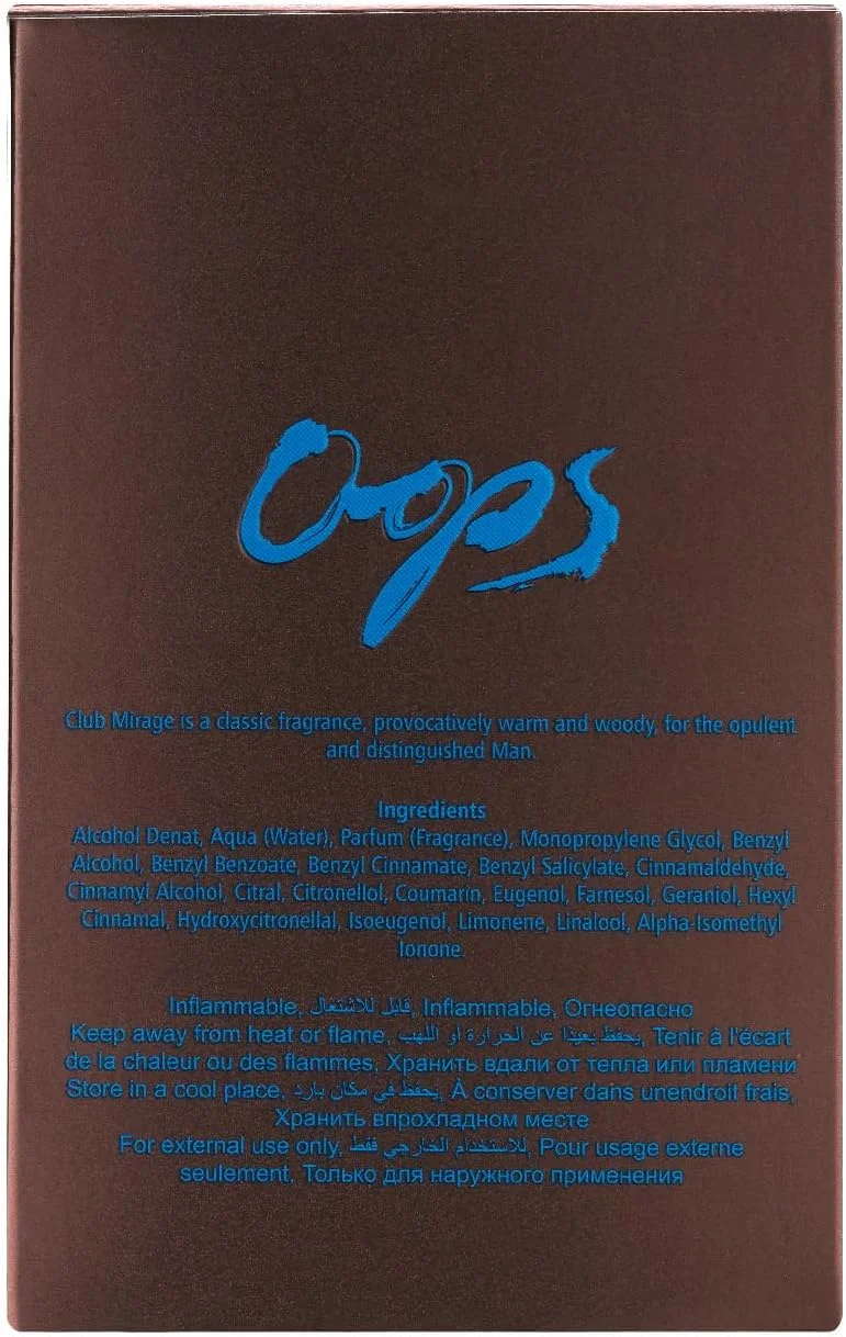 ادکلن مردانه Oops Eau De Parfum - Club Mirage | رایحه چوبی گرم | عطر ممتاز با ماندگاری طولانی | عطر لوکس قوی و ماندگار برای استفاده روزانه مردانه | هدیه ایده آل برای مردان | 100 میلی لیتر | ساخت امارات متحده عربی