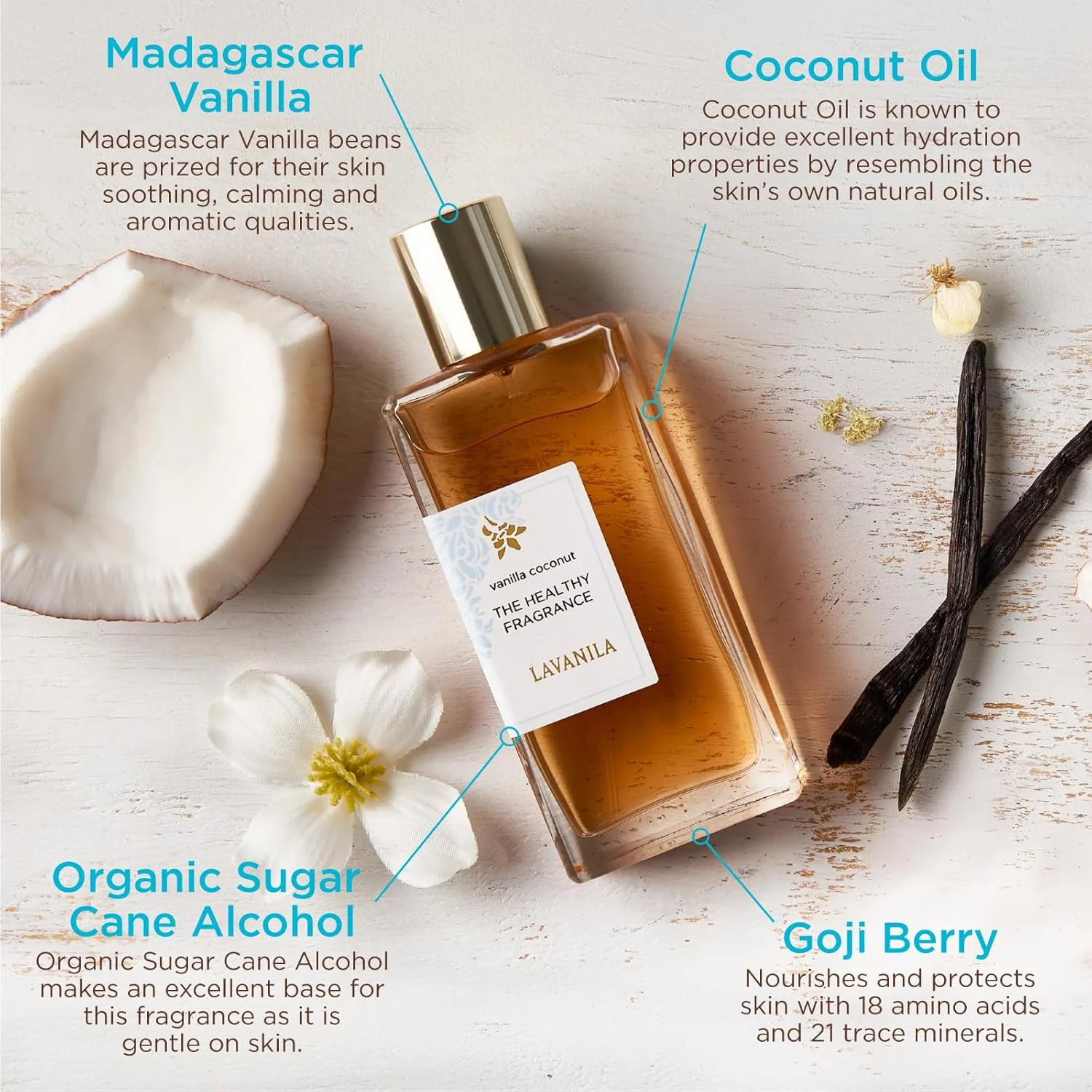 ادکلن زنانه لاوانیلا وانیل نارگیل 50 میلی لیتر - نارگیل گرمسیری، گل تیاره تاهیتی و وانیل گرم، عطر سالم، پاک و طبیعی