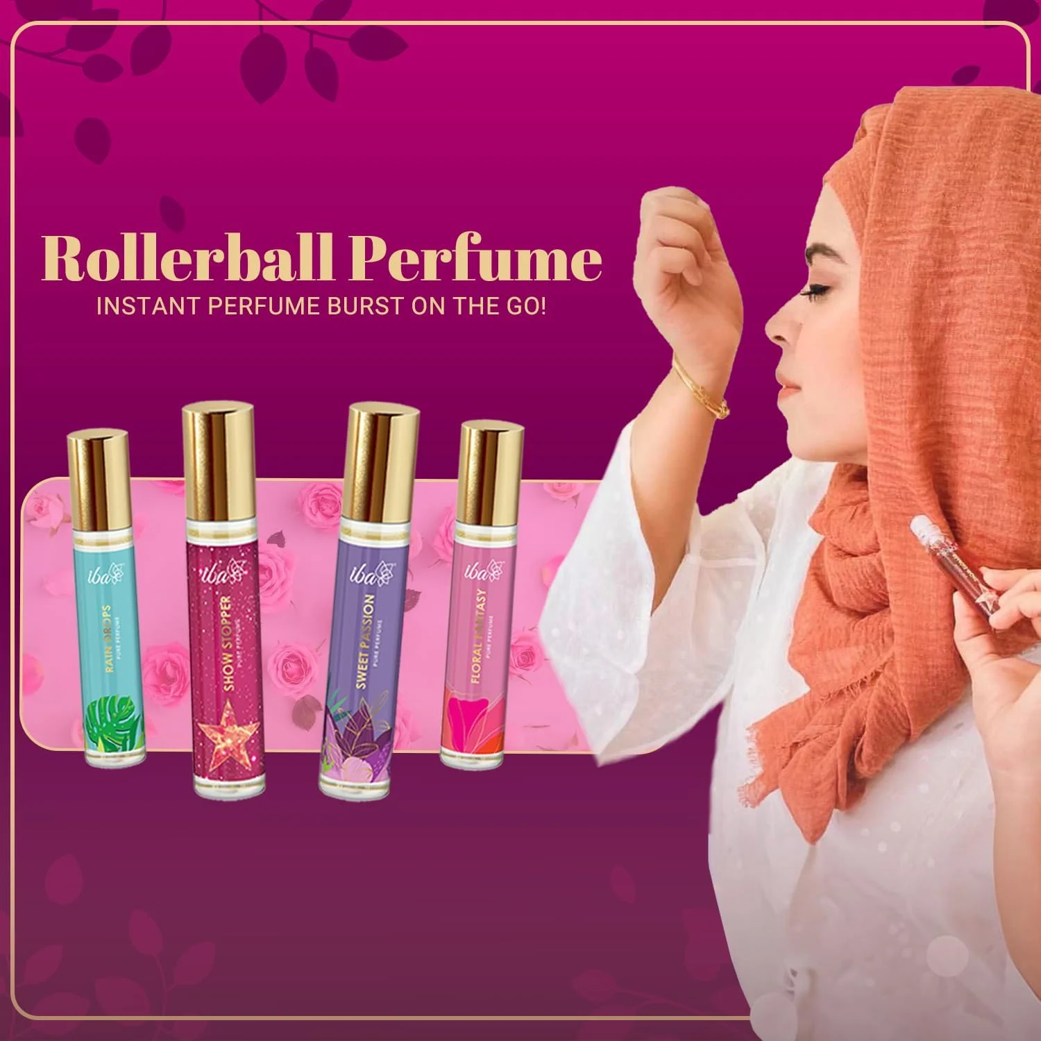 ست هدیه عطر زنانه ایبا (4 * 10 میلی لیتر) رایحه لوکس آکوا، میوه ای، گلی، چوبی، مشک و ادویه ای با ماندگاری طولانی | ست عطر رولی | بدون الکل