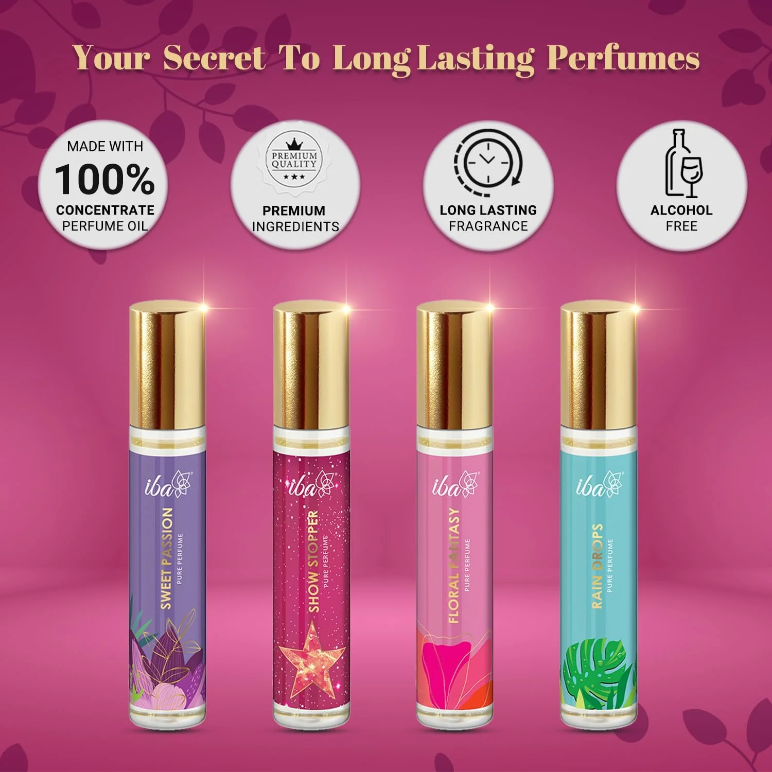 ست هدیه عطر زنانه ایبا (4 * 10 میلی لیتر) رایحه لوکس آکوا، میوه ای، گلی، چوبی، مشک و ادویه ای با ماندگاری طولانی | ست عطر رولی | بدون الکل