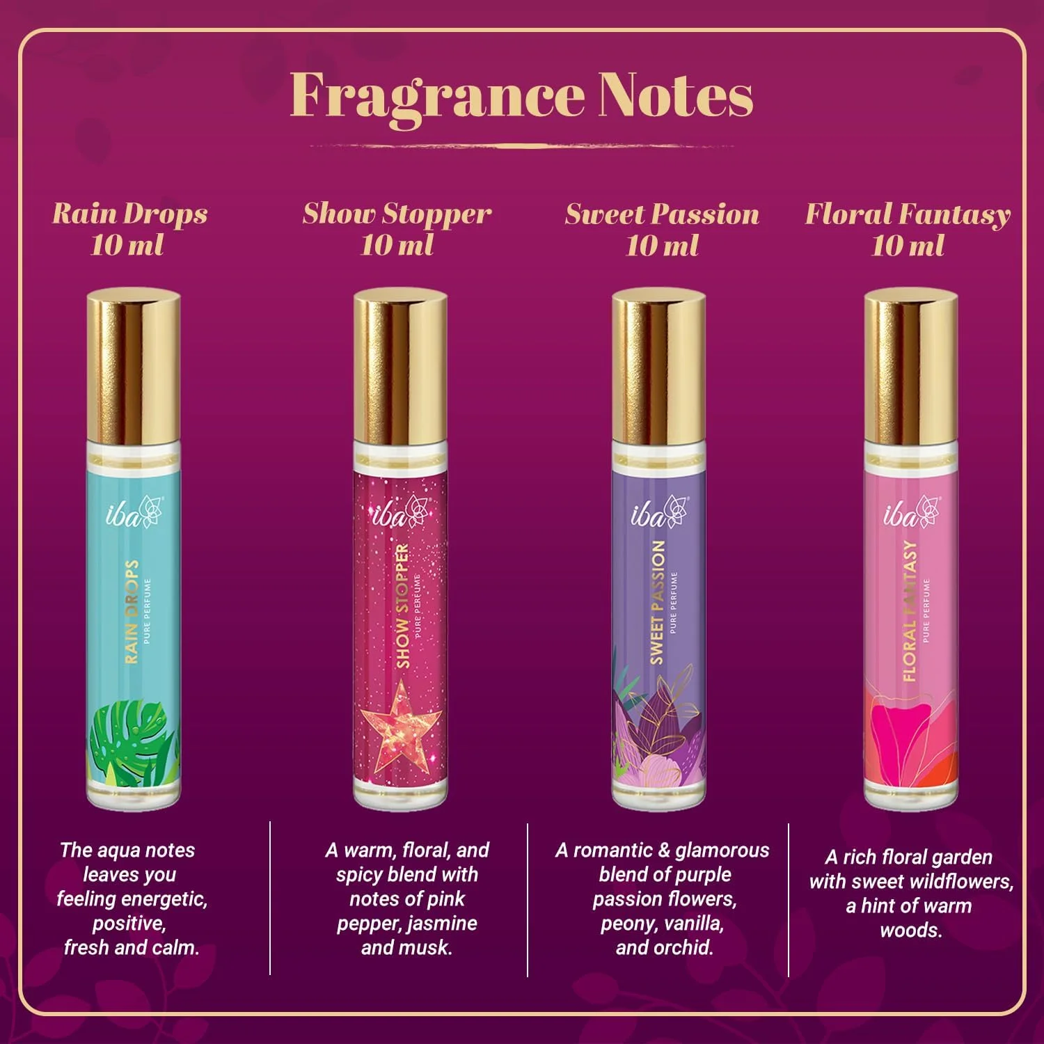 ست هدیه عطر زنانه ایبا (4 * 10 میلی لیتر) رایحه لوکس آکوا، میوه ای، گلی، چوبی، مشک و ادویه ای با ماندگاری طولانی | ست عطر رولی | بدون الکل