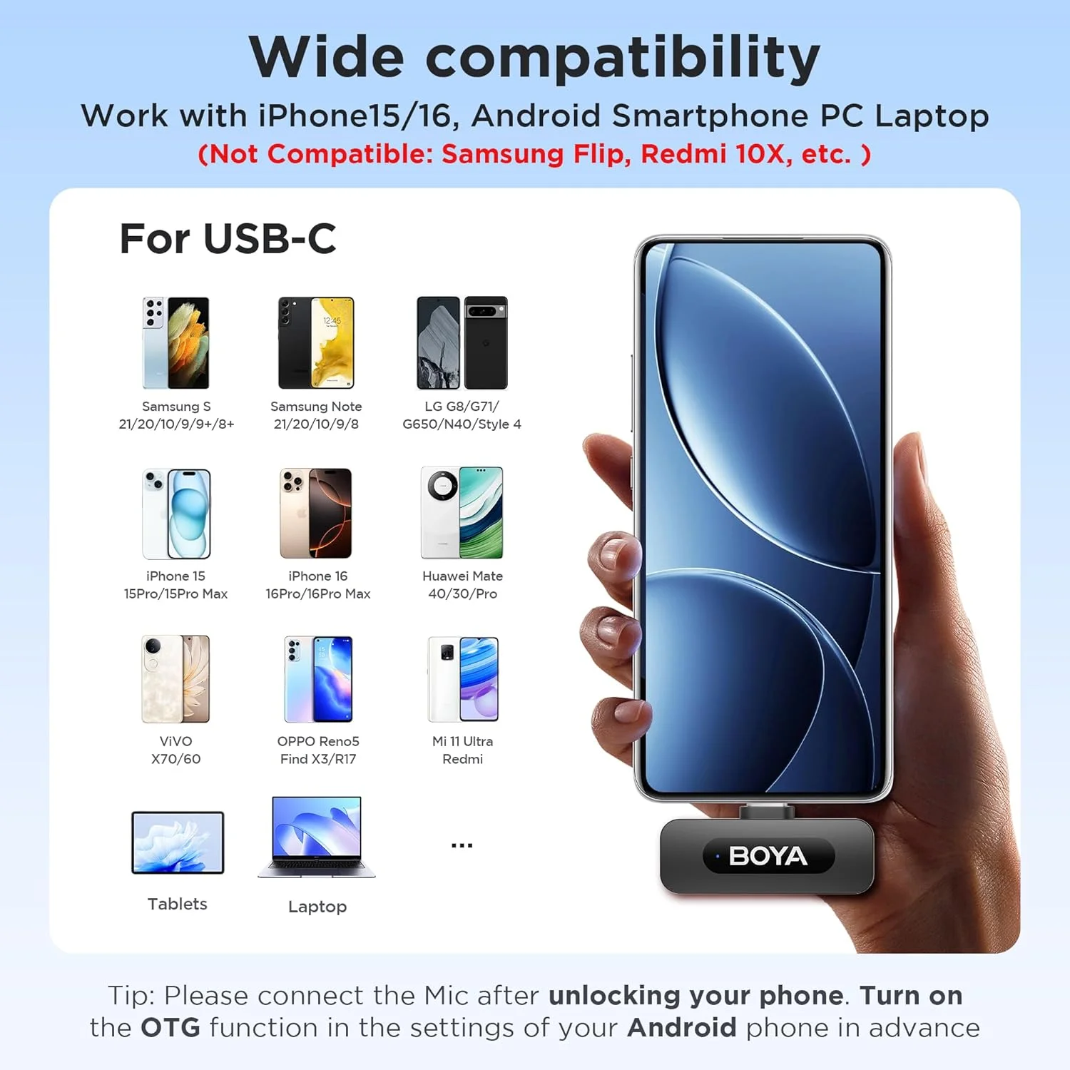 میکروفون بی سیم بویا BY-V30 برای اندروید، میکروفون بی سیم USB C، سازگار با قابلیت حذف نویز برای لپ تاپ گوشی هوشمند اندروید/Type-C برای ضبط ویدیو در یوتیوب، پادکست، فیس بوک و وبلاگ میکروفون بی سیم بویا BY-V30 برای اندروید، میکروفون بی سیم USB C، سازگار با قابلیت حذف نویز برای لپ تاپ گوشی هوشمند اندروید/Type-C برای ضبط ویدیو در یوتیوب، پادکست، فیس بوک و وبلاگ