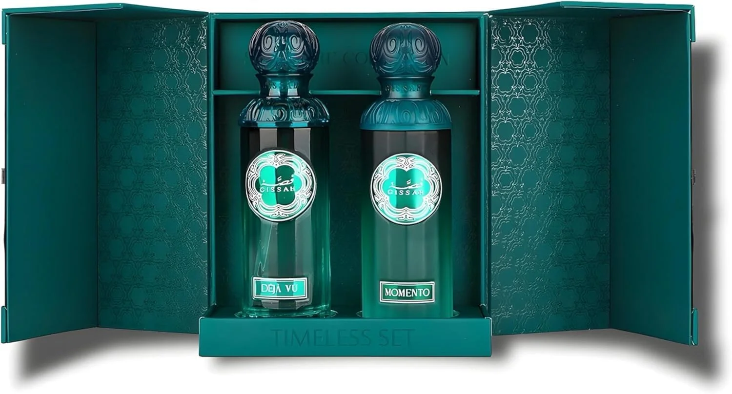 مجموعه عطر جاودانه قصه، 90 میلی لیتر، 2 عددی، جدید، مناسب آقایان و بانوان | مومنتو + دژا وو | ادو پرفیوم унисекс | مجموعه عطور قصة الازرق للرجال والنساء الجديد عطر قصه بكج ست