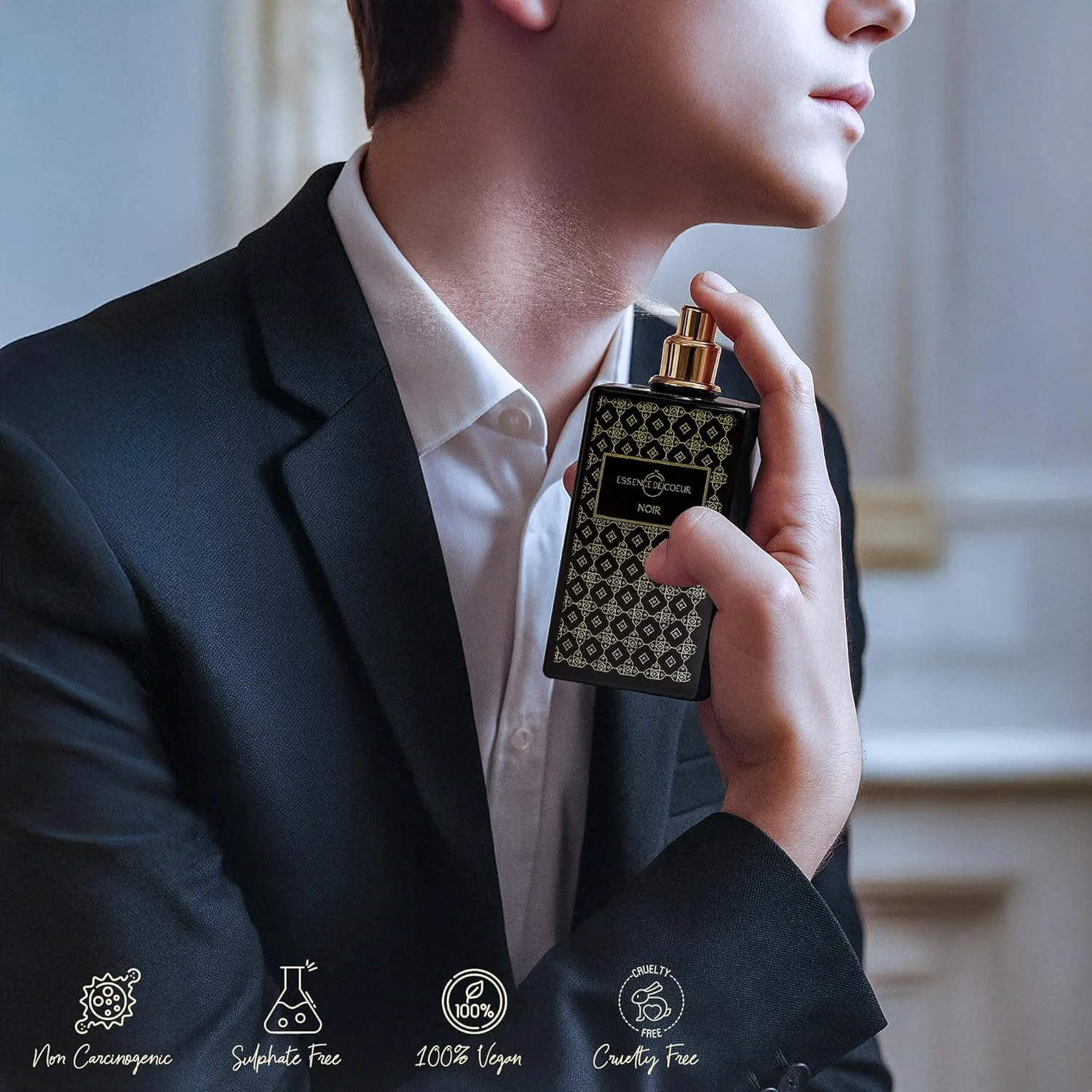 ادو پرفیوم اسنس د کوئر نویر 100 میلی لیتر – عطر لوکس ماندگار унисекс با زعفران، رز سیاه، ترافل، نعناع هندی، وانیل و عود – عطر شرقی عربی برای مردان و زنان
