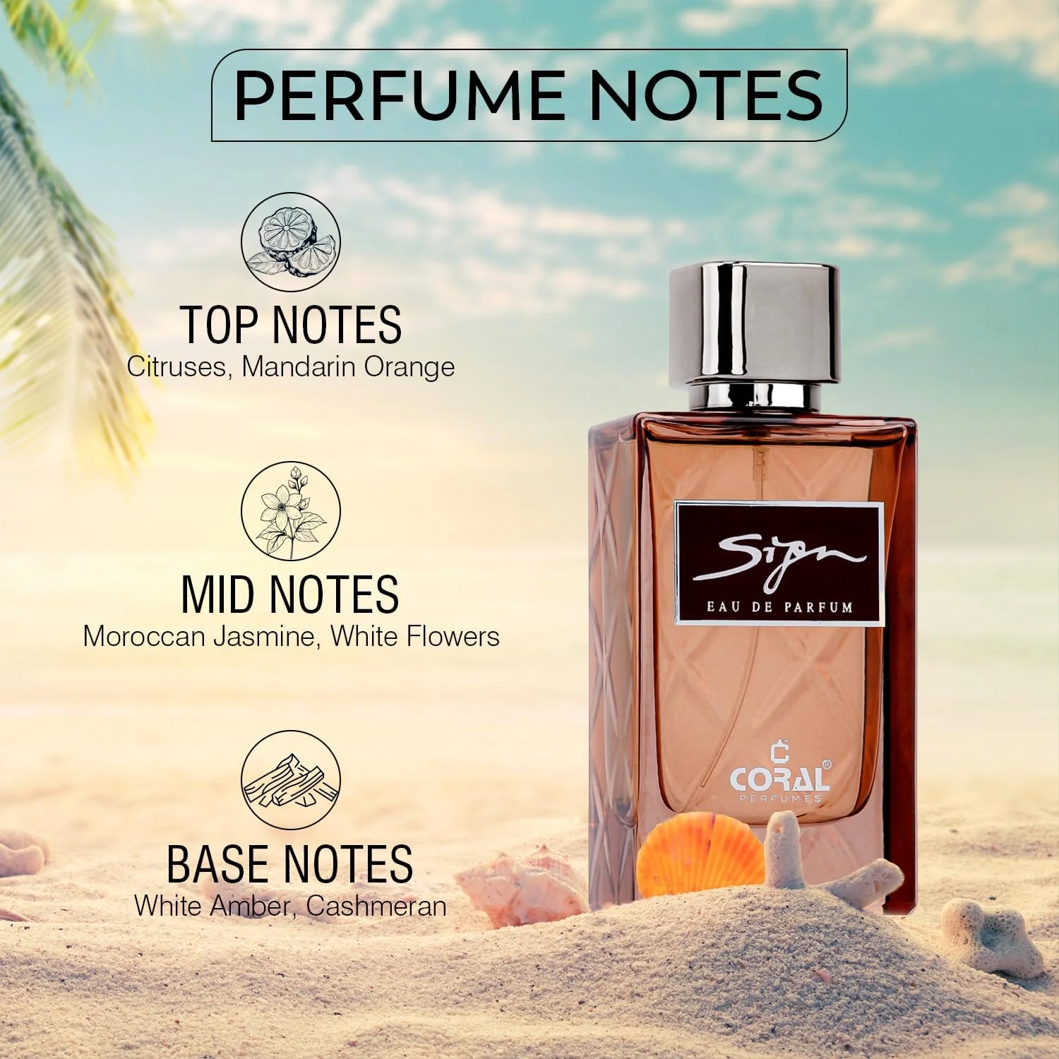 ادکلن زنانه کورال ساین - 85 میلی لیتر | ادو پرفیوم | رایحه کهربایی چوبی ماندگار و ظریف با یاس و نارنگی ماندارین | ساخت دبی