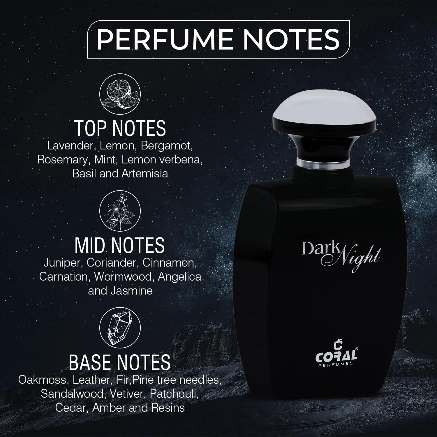 ادکلن مردانه کورال دارک نایت - 100 میلی لیتر | ادو پرفیوم | رایحه مردانه ماندگار | رایحه تند، چوبی و تازه با ترنج، اسطوخودوس، وتیور و چرم
