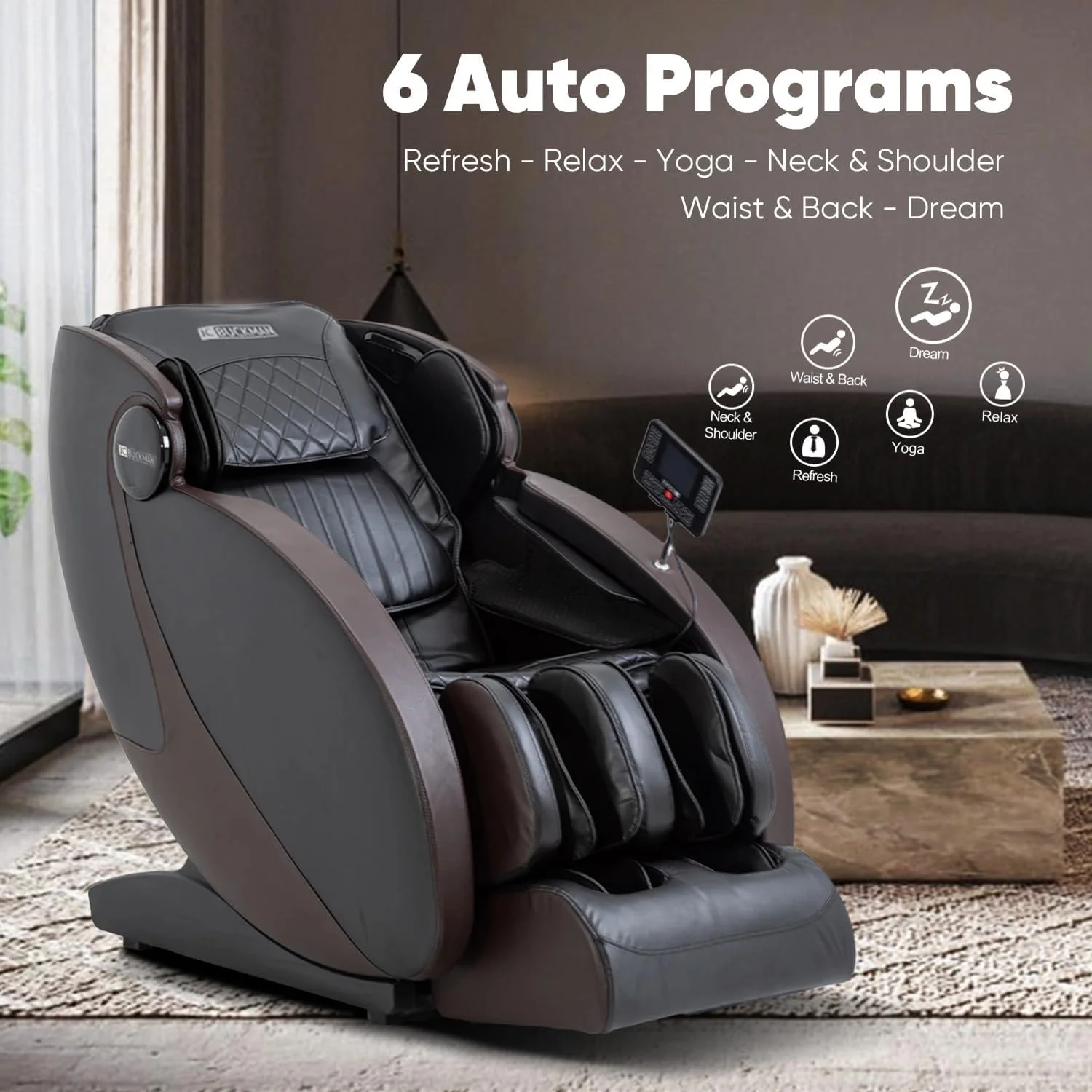 صندلی ماساژور تمام بدن JC BUCKMAN IndulgeUs با 6 برنامه خودکار، کیسه های هوا در تمام بدن، 2 سطح بی وزنی، ماساژ لگن و نشیمنگاه و بلندگوهای بلوتوث