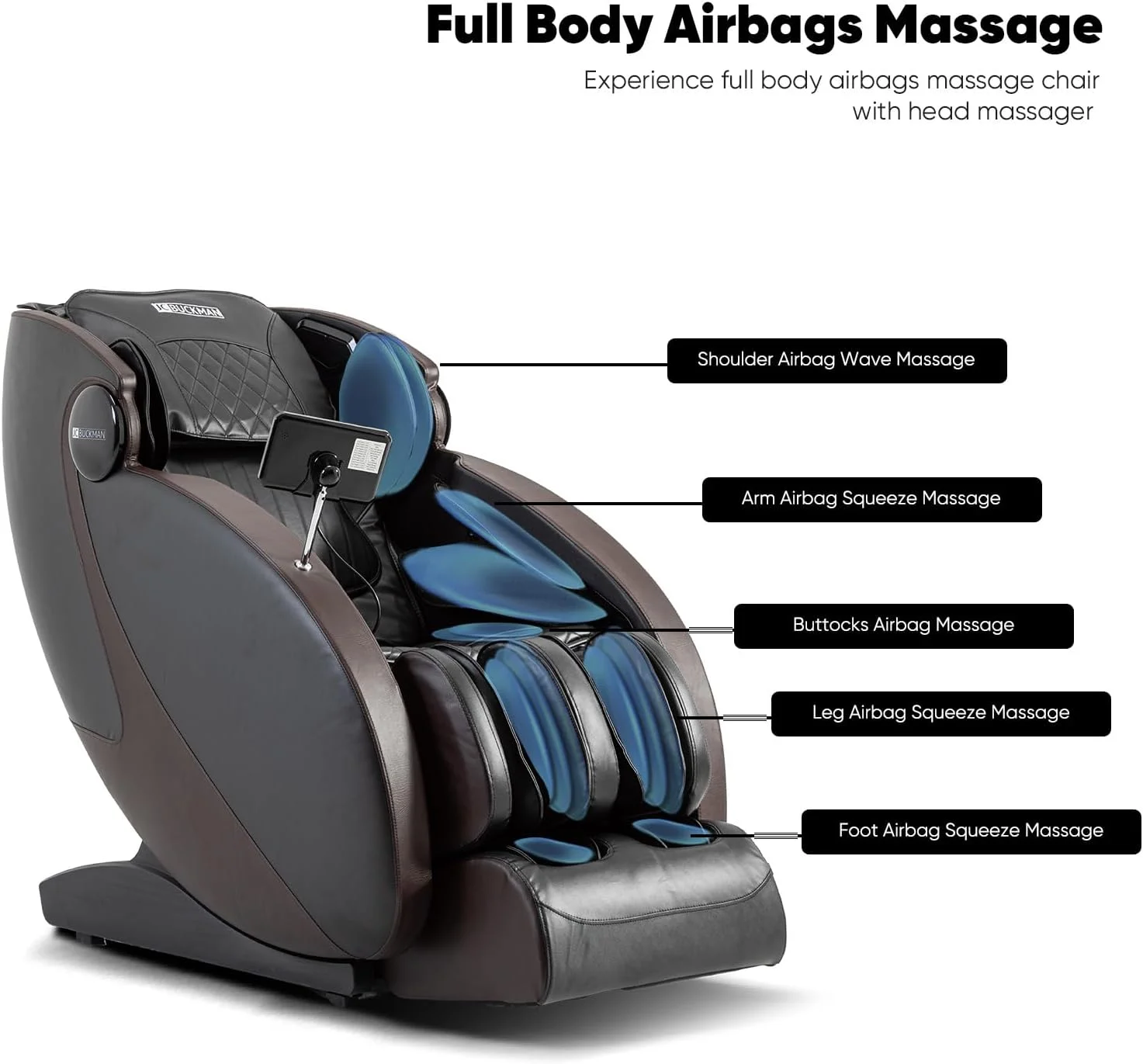 صندلی ماساژور تمام بدن JC BUCKMAN IndulgeUs با 6 برنامه خودکار، کیسه های هوا در تمام بدن، 2 سطح بی وزنی، ماساژ لگن و نشیمنگاه و بلندگوهای بلوتوث