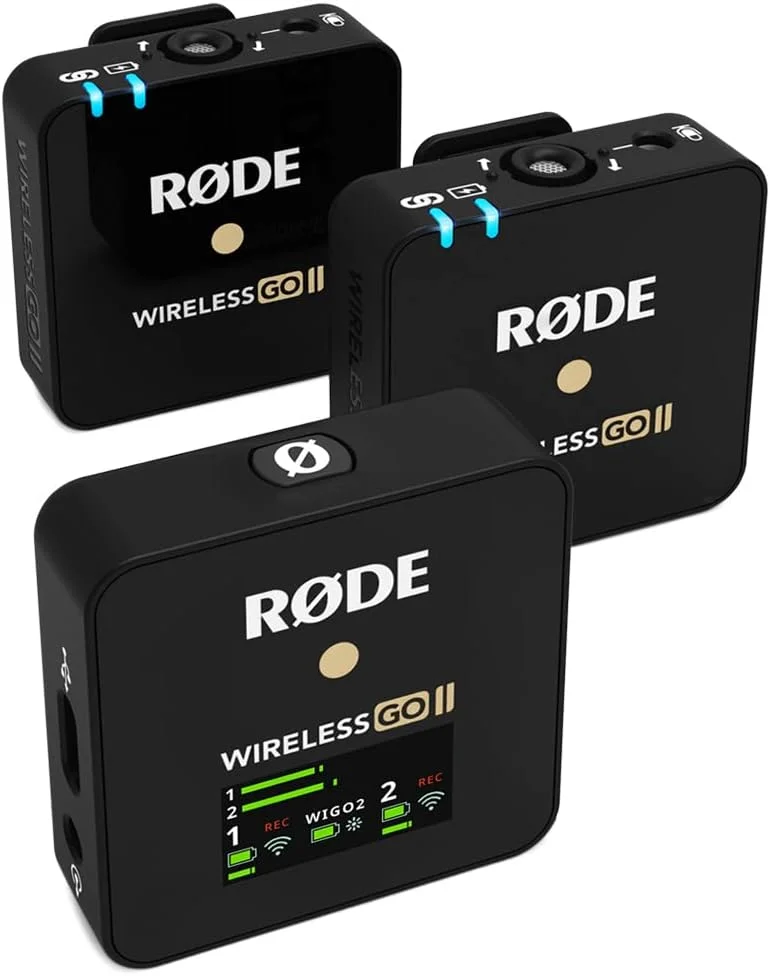 سیستم میکروفون بی‌سیم دو کاناله فوق‌العاده فشرده RØDE Wireless GO II با میکروفون‌های داخلی، ضبط داخلی و برد 200 متری برای فیلم‌سازی، مصاحبه‌ها و تولید محتوا