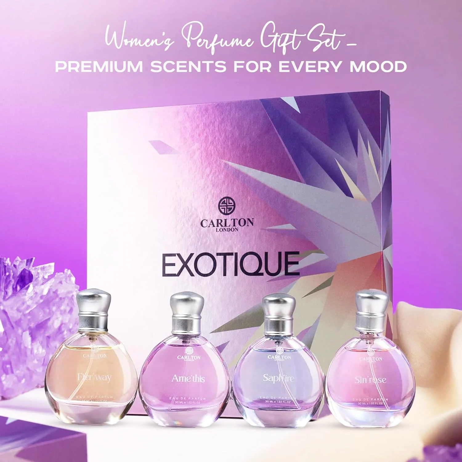 ست هدیه ادکلن زنانه کارلتون لندن مدل Exotique شامل 4 عطر ممتاز - 30 میلی لیتر هر کدام | رایحه های پرتقال، سدر، عسل و گل رز | ادو پرفیوم لوکس برای دختران و بانوان | بهترین ست هدیه برای زنان ست هدیه ادکلن زنانه کارلتون لندن مدل Exotique شامل 4 عطر ممتاز - 30 میلی لیتر هر کدام | رایحه های پرتقال، سدر، عسل و گل رز | ادو پرفیوم لوکس برای دختران و بانوان | بهترین ست هدیه برای زنان