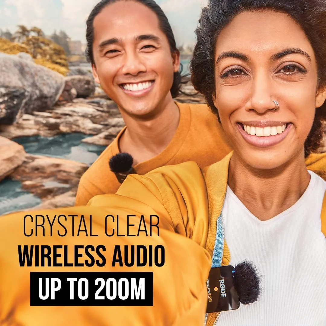 سیستم میکروفون بی‌سیم دو کاناله فوق‌العاده فشرده RØDE Wireless GO II با میکروفون‌های داخلی، ضبط داخلی و برد 200 متری برای فیلم‌سازی، مصاحبه‌ها و تولید محتوا