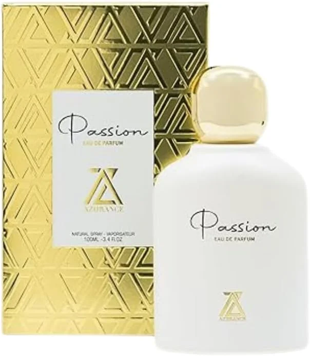 عطر ادو پرفیوم زنانه آزرنس پشن 100 میلی لیتر، عطر گلی میوه ای شیرین با رایحه گلابی، انگور فرنگی سیاه، سرخالو، یاس، نارگیل و وانیل، رایحه ماندگار برای استفاده روزانه و هدیه