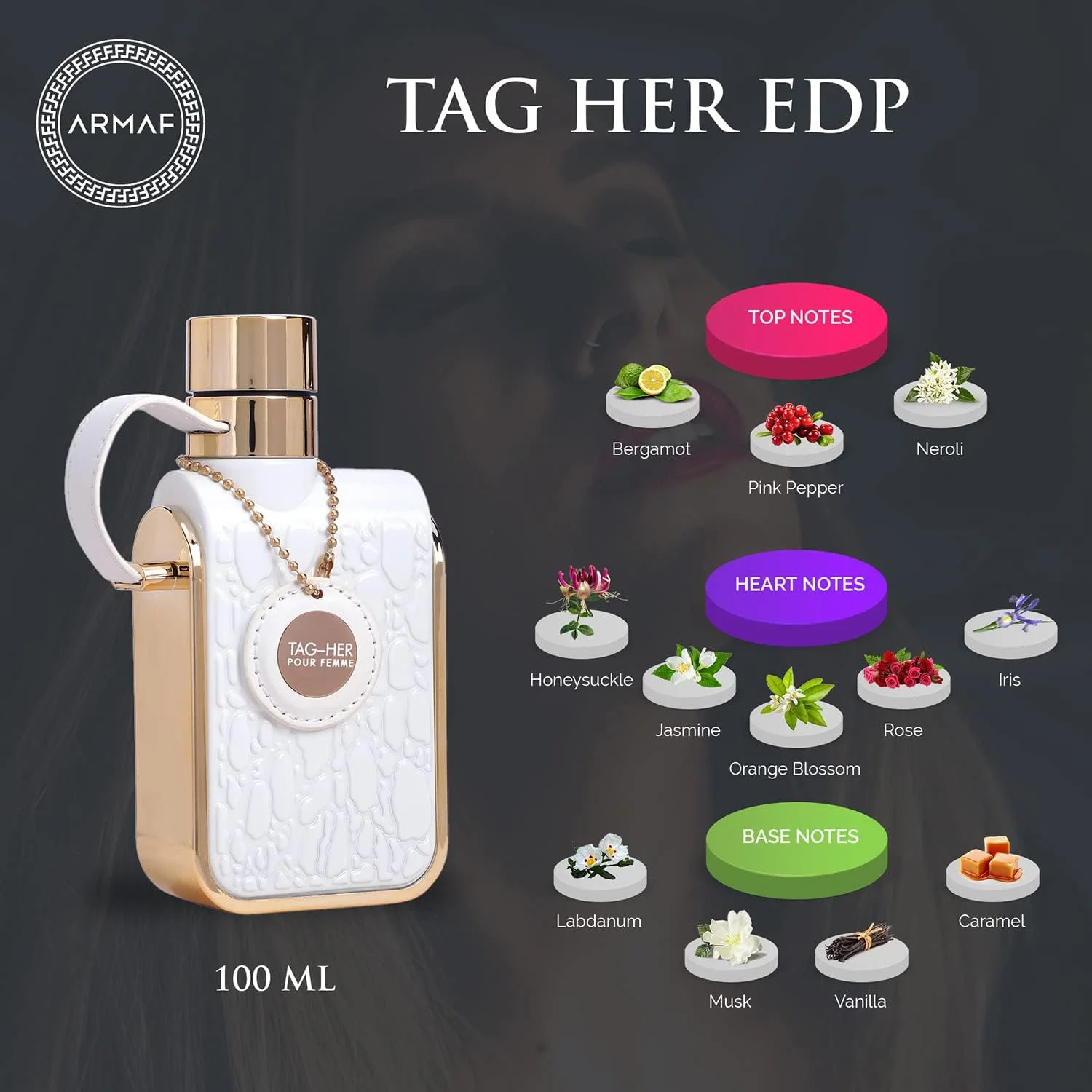 عطر زنانه آرماف تگ هر ادو پرفیوم 100 میلی لیتر - رایحه کهربایی گلی برای بانوان