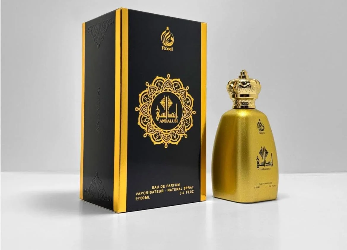 ادو پرفیوم اندلسی، اسپری طبیعی، 100 میلی لیتر، بطری طلایی با درب تاج دار، جعبه لوکس مشکی و طلایی