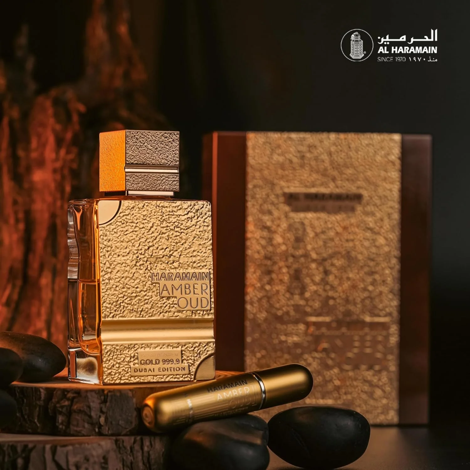 ادکلن الحرمین Amber Oud Gold 999.9 Dubai Edition اکستریت د پرفیوم | اسپری لوکس 100 میلی لیتری با اتومایزر | عطر شرقی ماندگار و یونیسکس با رایحه عنبر، وانیل، نعناع هندی، گلابی و یاس