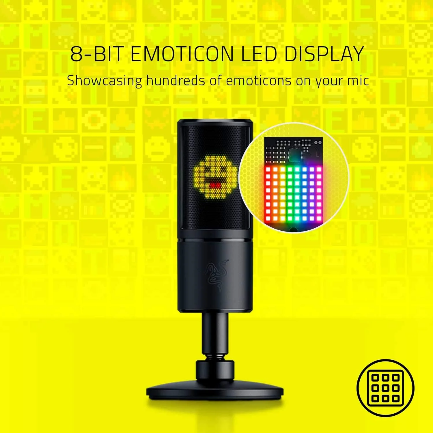 میکروفون استریمینگ Razer Seiren Emote: نمایشگر LED ایموتیکون 8 بیتی، ایموتیکون های واکنش گرا به استریم، میکروفون کندانسور Hypercardioid، پایه ضد لرزش داخلی، پایه قابل تنظیم ارتفاع و زاویه، مشکی کلاسیک میکروفون استریمینگ Razer Seiren Emote: نمایشگر LED ایموتیکون 8 بیتی، ایموتیکون های واکنش گرا به استریم، میکروفون کندانسور Hypercardioid، پایه ضد لرزش داخلی، پایه قابل تنظیم ارتفاع و زاویه، مشکی کلاسیک