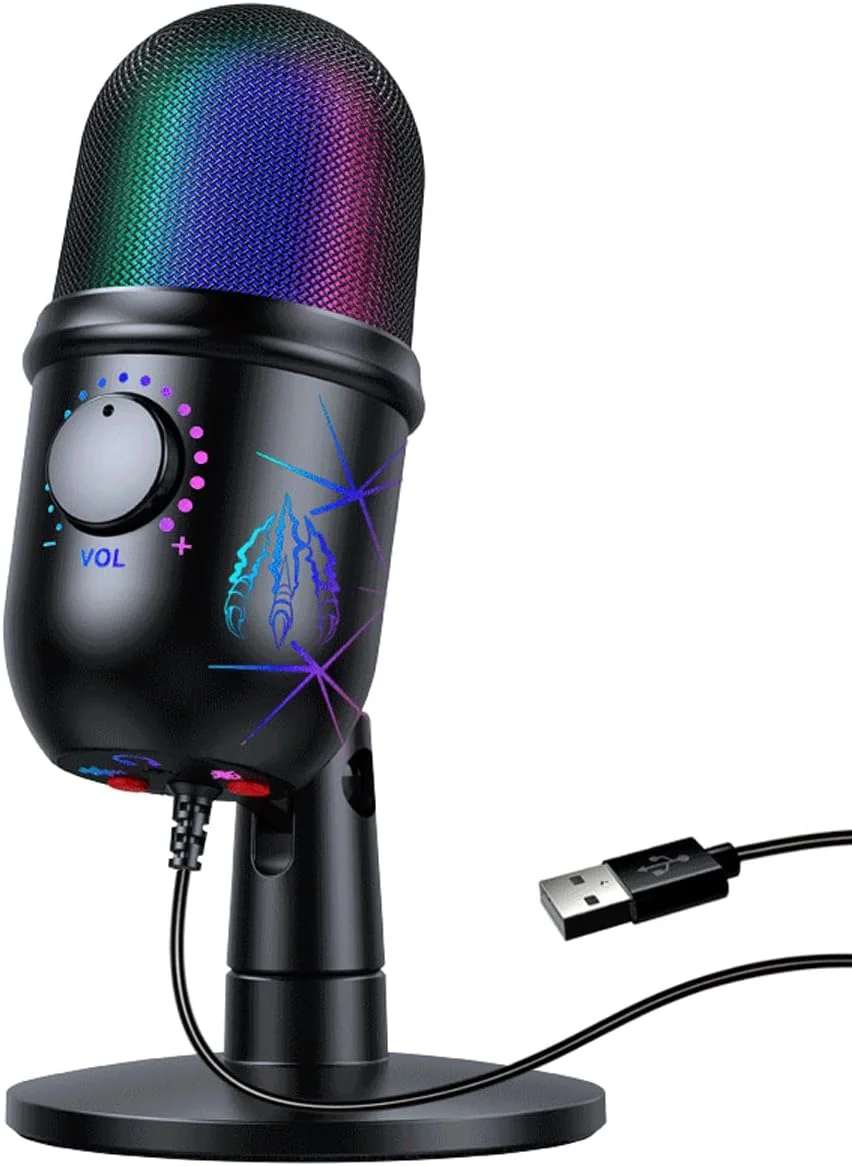 میکروفون گیمینگ USB، میکروفون کاندنسر کامپیوتر PC با Gain، نور RGB برای ضبط، پادکست، استریمینگ، یوتیوب، Twitch، اسکایپ، سازگار با PS5 PS4 مک لپ تاپ دسکتاپ