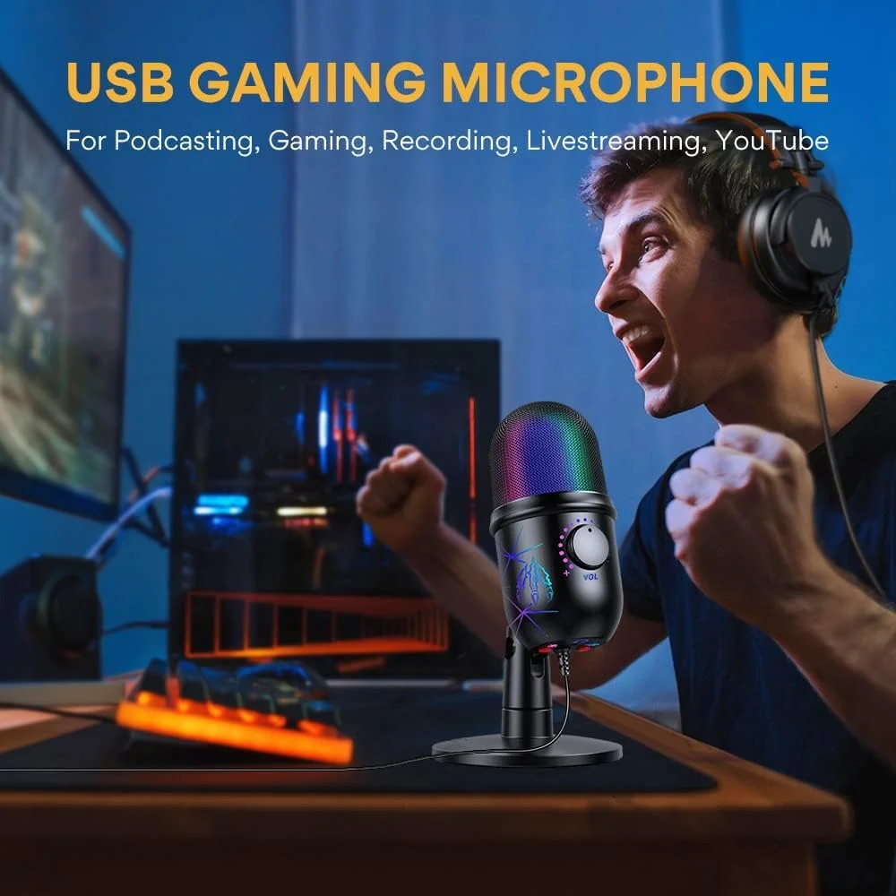 میکروفون گیمینگ USB، میکروفون کاندنسر کامپیوتر PC با Gain، نور RGB برای ضبط، پادکست، استریمینگ، یوتیوب، Twitch، اسکایپ، سازگار با PS5 PS4 مک لپ تاپ دسکتاپ میکروفون گیمینگ USB، میکروفون کاندنسر کامپیوتر PC با Gain، نور RGB برای ضبط، پادکست، استریمینگ، یوتیوب، Twitch، اسکایپ، سازگار با PS5 PS4 مک لپ تاپ دسکتاپ