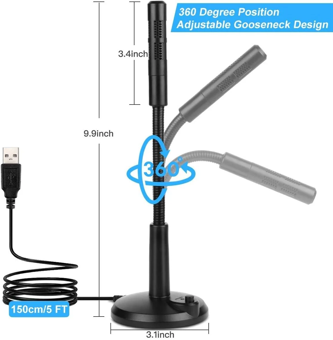 میکروفون USB آزون، میکروفون USB PC برای کنفرانس ویدیویی تجاری، ضبط صدا، چت، پادکست، کلاس آنلاین، دکمه بی‌صدا با نشانگر LED، سازگار با مک‌بوک، لپ‌تاپ، PC، ویندوز