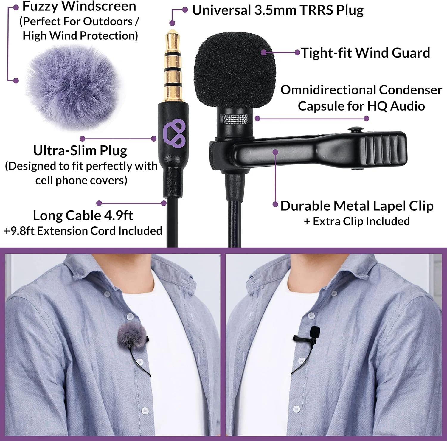کیت میکروفون یقه ای Purple Panda - میکروفون کندانسور اومنی دایرکشنال گیره دار سازگار با آیفون، آیپد، GoPro، DSLR، ضبط کننده زوم/تسکام، سامسونگ، اندروید، PS4 کیت میکروفون یقه ای Purple Panda - میکروفون کندانسور اومنی دایرکشنال گیره دار سازگار با آیفون، آیپد، GoPro، DSLR، ضبط کننده زوم/تسکام، سامسونگ، اندروید، PS4