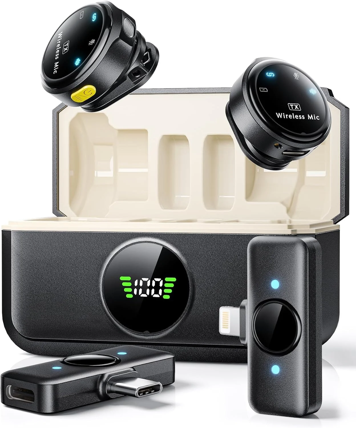 میکروفون یقه ای بی سیم برای آیفون/اندروید، میکروفون های یقه ای با اتصال لایتنینگ/USB-C، برد 150 فوت، میکروفون کندانسور همه جهته برای ضبط ویدیو، مصاحبه، پادکست، ولاگ، یوتیوب میکروفون یقه ای بی سیم برای آیفون/اندروید، میکروفون های یقه ای با اتصال لایتنینگ/USB-C، برد 150 فوت، میکروفون کندانسور همه جهته برای ضبط ویدیو، مصاحبه، پادکست، ولاگ، یوتیوب