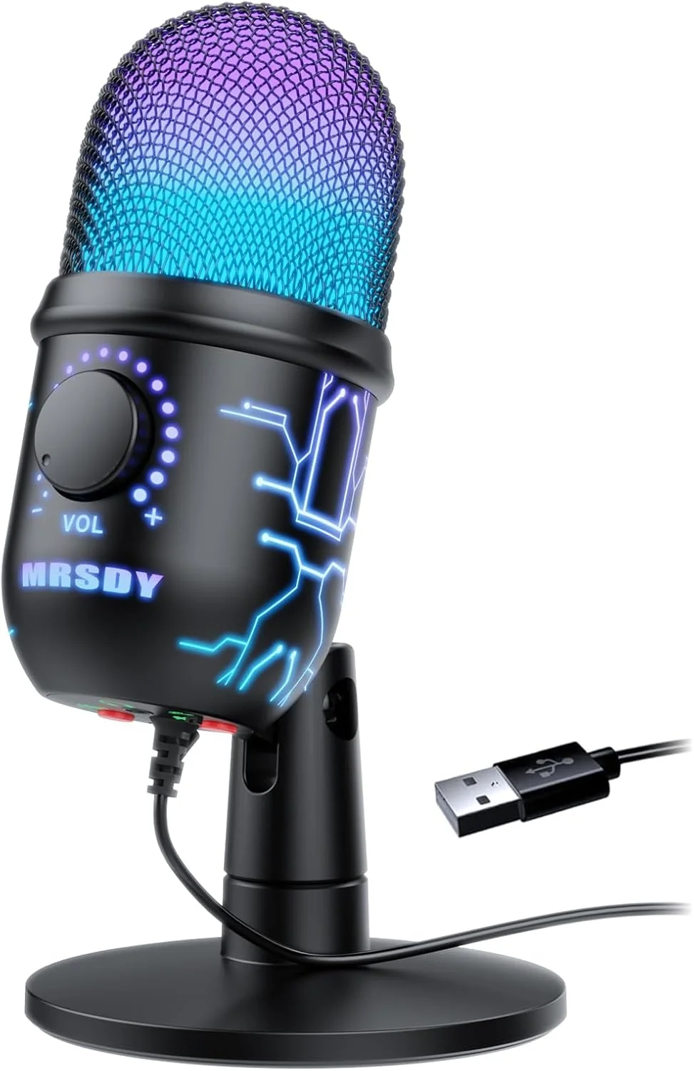 میکروفون گیمینگ MRSDY، میکروفون کامپیوتر USB برای PC، Mac، PS4/5، میکروفون کاندنسر پادکست برای ضبط استودیو، یوتیوب، استریمینگ، با جک هدفون، نور LED، قطع صدا، Gain، حذف نویز