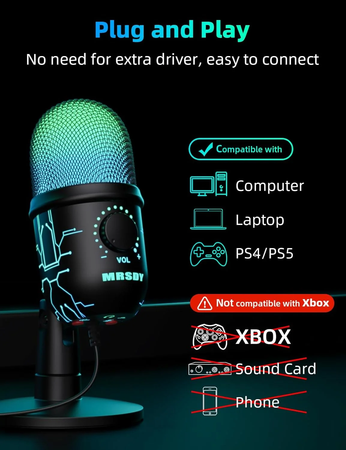 میکروفون گیمینگ MRSDY، میکروفون کامپیوتر USB برای PC، Mac، PS4/5، میکروفون کاندنسر پادکست برای ضبط استودیو، یوتیوب، استریمینگ، با جک هدفون، نور LED، قطع صدا، Gain، حذف نویز میکروفون گیمینگ MRSDY، میکروفون کامپیوتر USB برای PC، Mac، PS4/5، میکروفون کاندنسر پادکست برای ضبط استودیو، یوتیوب، استریمینگ، با جک هدفون، نور LED، قطع صدا، Gain، حذف نویز