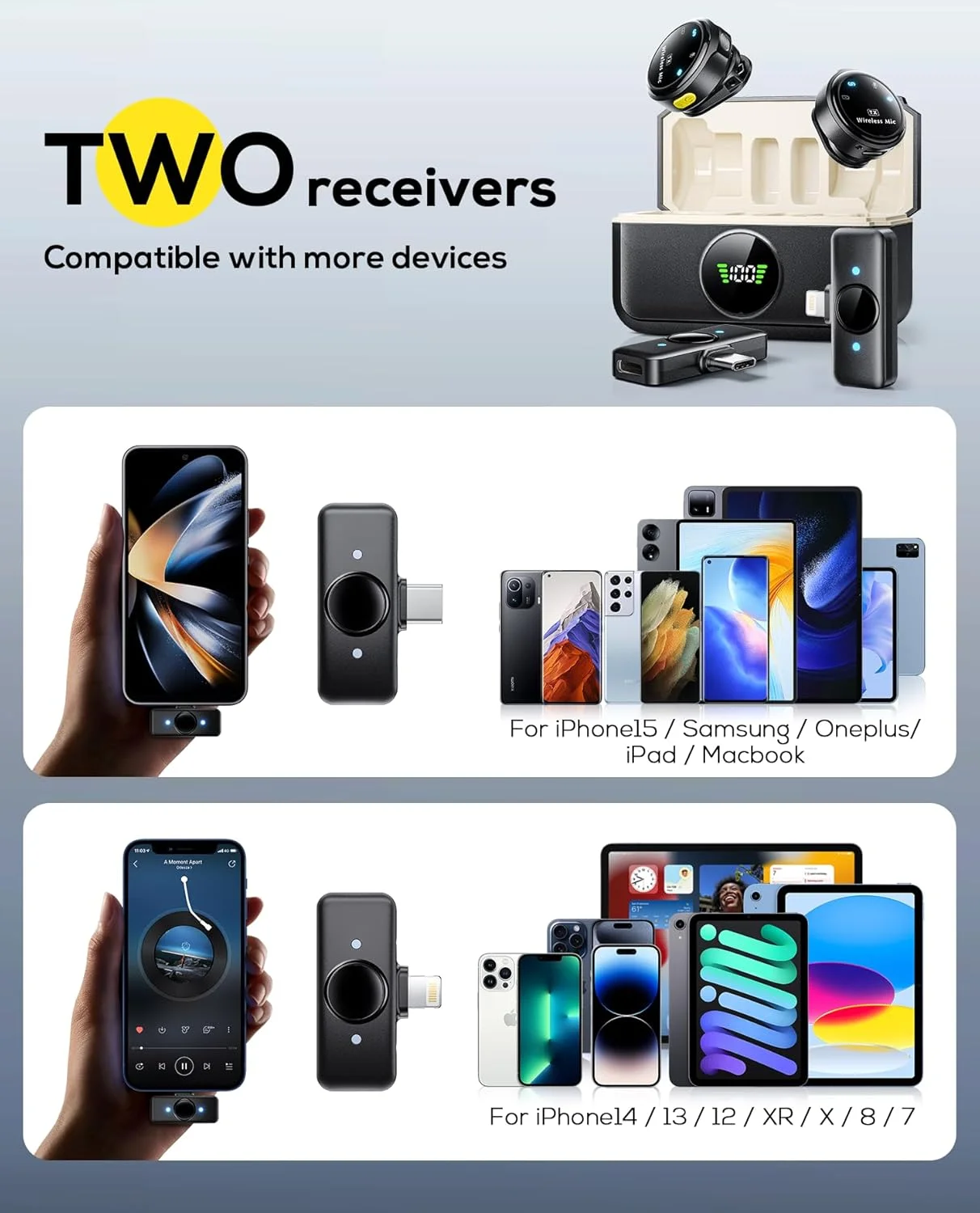 میکروفون یقه ای بی سیم Suphyee برای آیفون/اندروید، میکروفون های یقه ای با اتصال لایتنینگ/USB-C، برد 45 متری، میکروفون کندانسور همه جهته برای ضبط ویدیو، مصاحبه، پادکست، ولاگ، یوتیوب میکروفون یقه ای بی سیم Suphyee برای آیفون/اندروید، میکروفون های یقه ای با اتصال لایتنینگ/USB-C، برد 45 متری، میکروفون کندانسور همه جهته برای ضبط ویدیو، مصاحبه، پادکست، ولاگ، یوتیوب