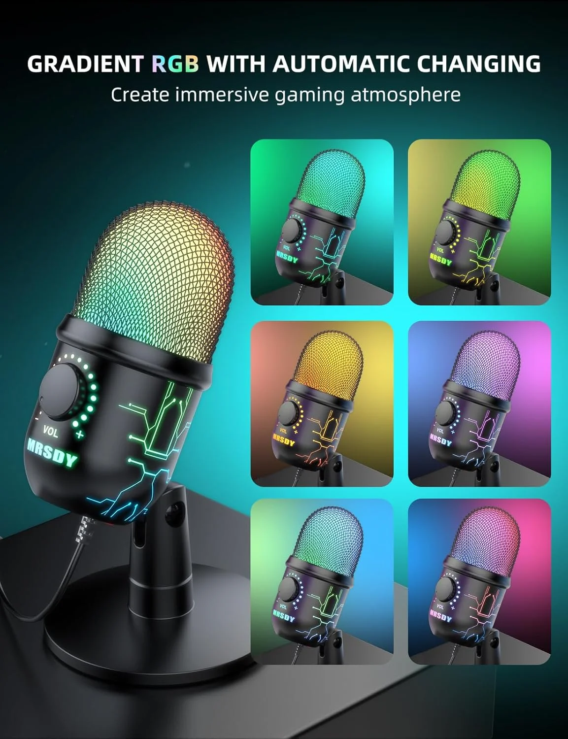 میکروفون گیمینگ MRSDY، میکروفون کامپیوتر USB برای PC، Mac، PS4/5، میکروفون کاندنسر پادکست برای ضبط استودیو، یوتیوب، استریمینگ، با جک هدفون، نور LED، قطع صدا، Gain، حذف نویز میکروفون گیمینگ MRSDY، میکروفون کامپیوتر USB برای PC، Mac، PS4/5، میکروفون کاندنسر پادکست برای ضبط استودیو، یوتیوب، استریمینگ، با جک هدفون، نور LED، قطع صدا، Gain، حذف نویز