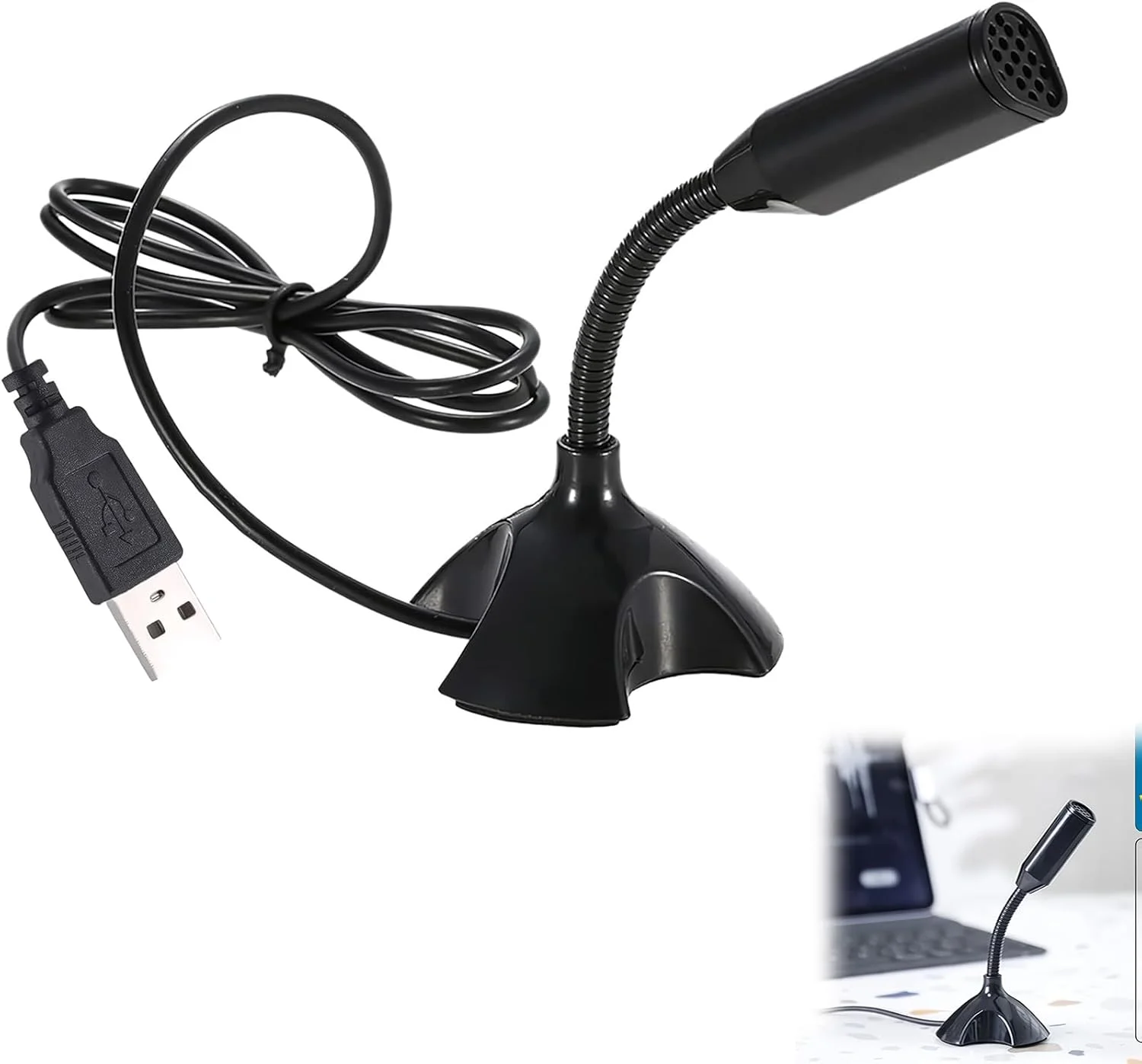 Mini USB Microphone for Desktop Computer and Laptop, Portable USB Condenser Mic With Adjustable Stand, Compatible with PC/Mac, Plug & Play, Ideal for Meeting, Online Class, Games, Remote work(Black)
