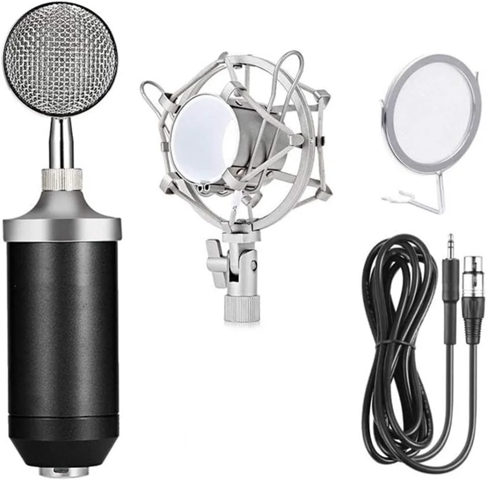 مجموعه میکروفون کاندنسر صوتی حرفه ای eWINNER BM8000 به همراه پایه نگهدارنده با پلاگین 3.5 میلی متری و محافظ اسپری مناسب استودیو ضبط و کارائوکه KTV (مشکی)