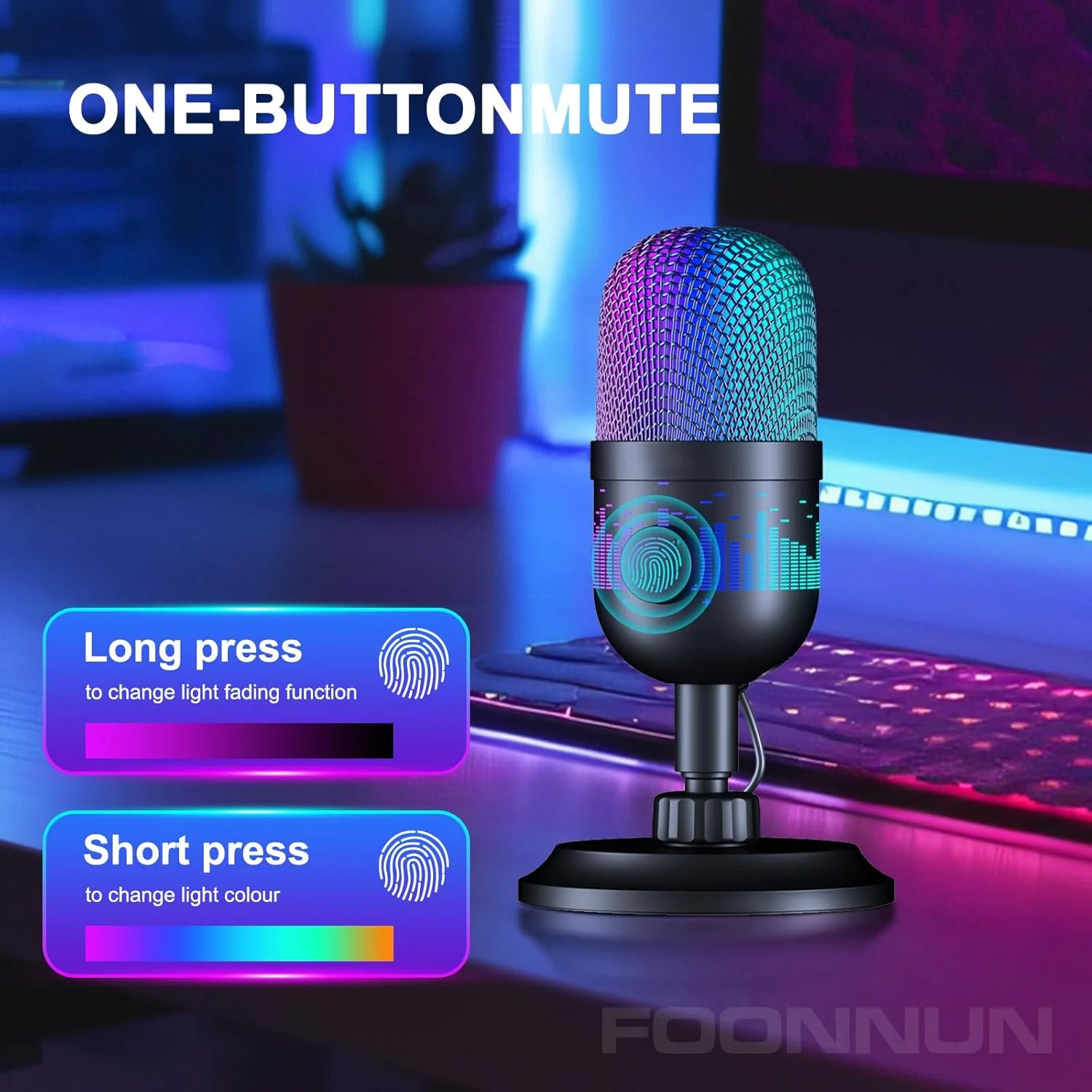 میکروفون گیمینگ USB، میکروفون کاندنسر با قطع صدای تک لمسی، مانیتورینگ زنده، کنترل صدا، دکمه قطع صدا و نورهای RGB برای PC، Mac، PS5، ضبط، پادکست، یوتیوب