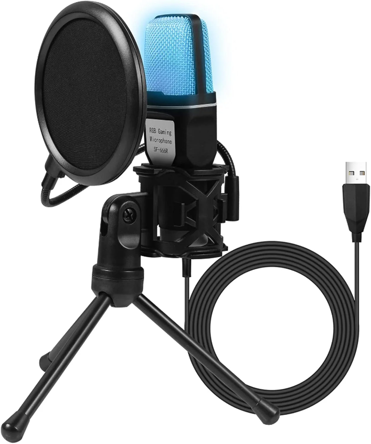 میکروفون USB DAYONG، میکروفون استودیویی RGB با پایه ضد لرزش، کیت میکروفون کندانسور با پایه سه پایه تاشو، مجموعه میکروفون پادکست با پاپ فیلتر برای ضبط، پادکست، استریمینگ (مشکی)