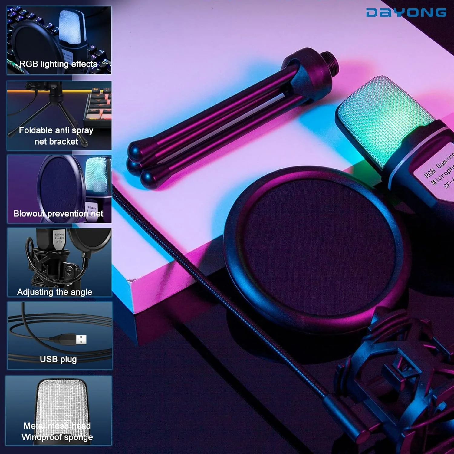 میکروفون USB DAYONG، میکروفون استودیویی RGB با پایه ضد لرزش، کیت میکروفون کندانسور با پایه سه پایه تاشو، مجموعه میکروفون پادکست با پاپ فیلتر برای ضبط، پادکست، استریمینگ (مشکی) میکروفون USB DAYONG، میکروفون استودیویی RGB با پایه ضد لرزش، کیت میکروفون کندانسور با پایه سه پایه تاشو، مجموعه میکروفون پادکست با پاپ فیلتر برای ضبط، پادکست، استریمینگ (مشکی)