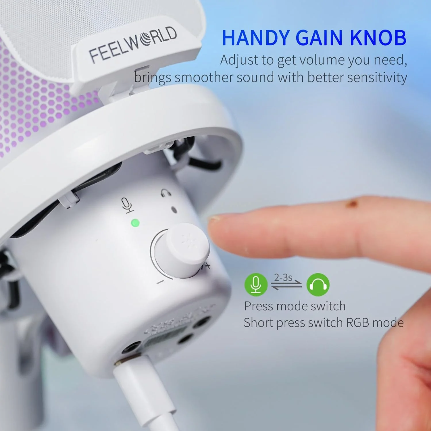 میکروفون USB کاندنسر گیمینگ FEELWORLD VM1 سفید با قابلیت حذف نویز، نور RGB و دکمه قطع صدا، لوازم جانبی کامپیوتر برای گیمرها، یوتیوب، توییچ، پادکست، استریم، ضبط، چت آنلاین، PS4 و PS5