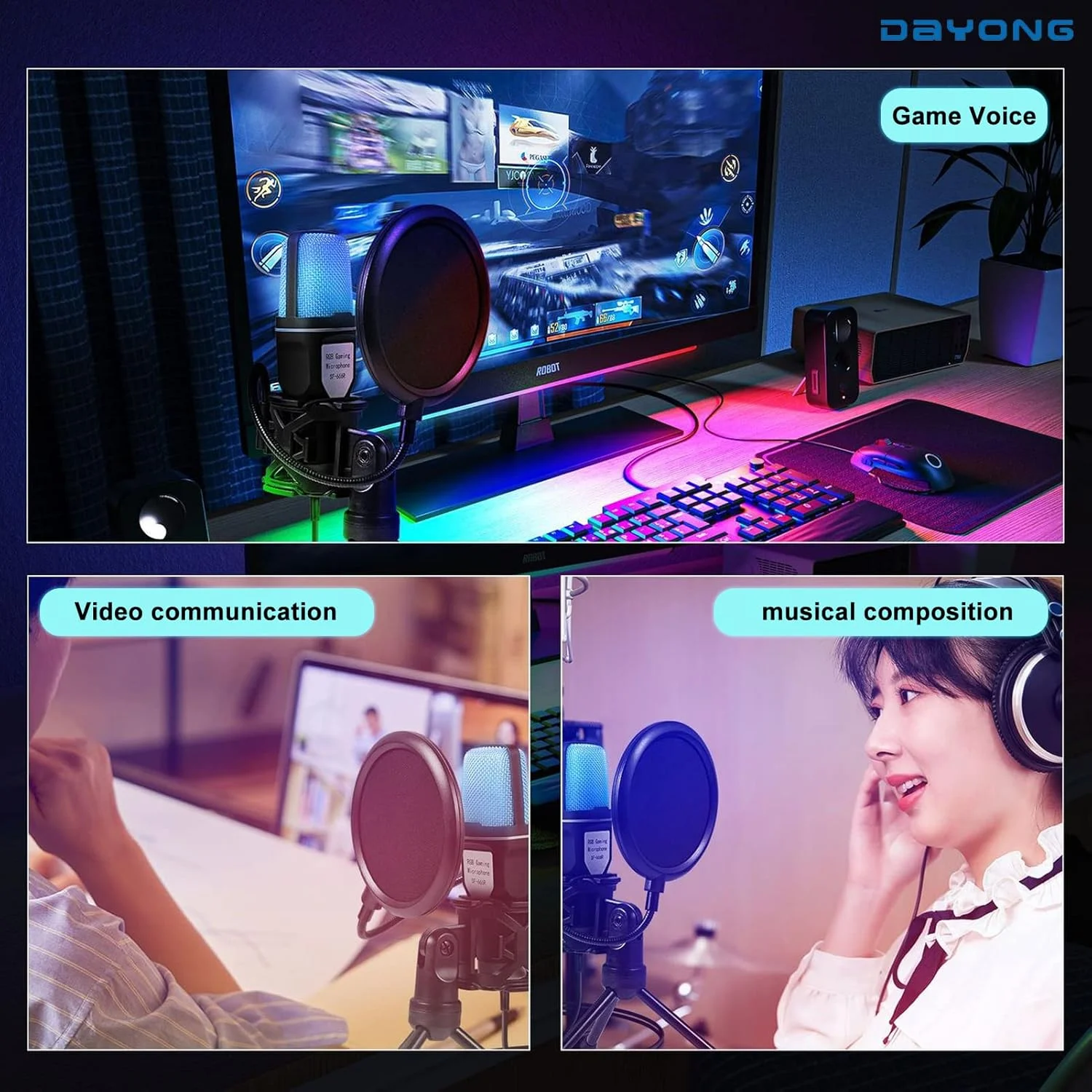 میکروفون USB DAYONG، میکروفون استودیویی RGB با پایه ضد لرزش، کیت میکروفون کندانسور با پایه سه پایه تاشو، مجموعه میکروفون پادکست با پاپ فیلتر برای ضبط، پادکست، استریمینگ (مشکی) میکروفون USB DAYONG، میکروفون استودیویی RGB با پایه ضد لرزش، کیت میکروفون کندانسور با پایه سه پایه تاشو، مجموعه میکروفون پادکست با پاپ فیلتر برای ضبط، پادکست، استریمینگ (مشکی)