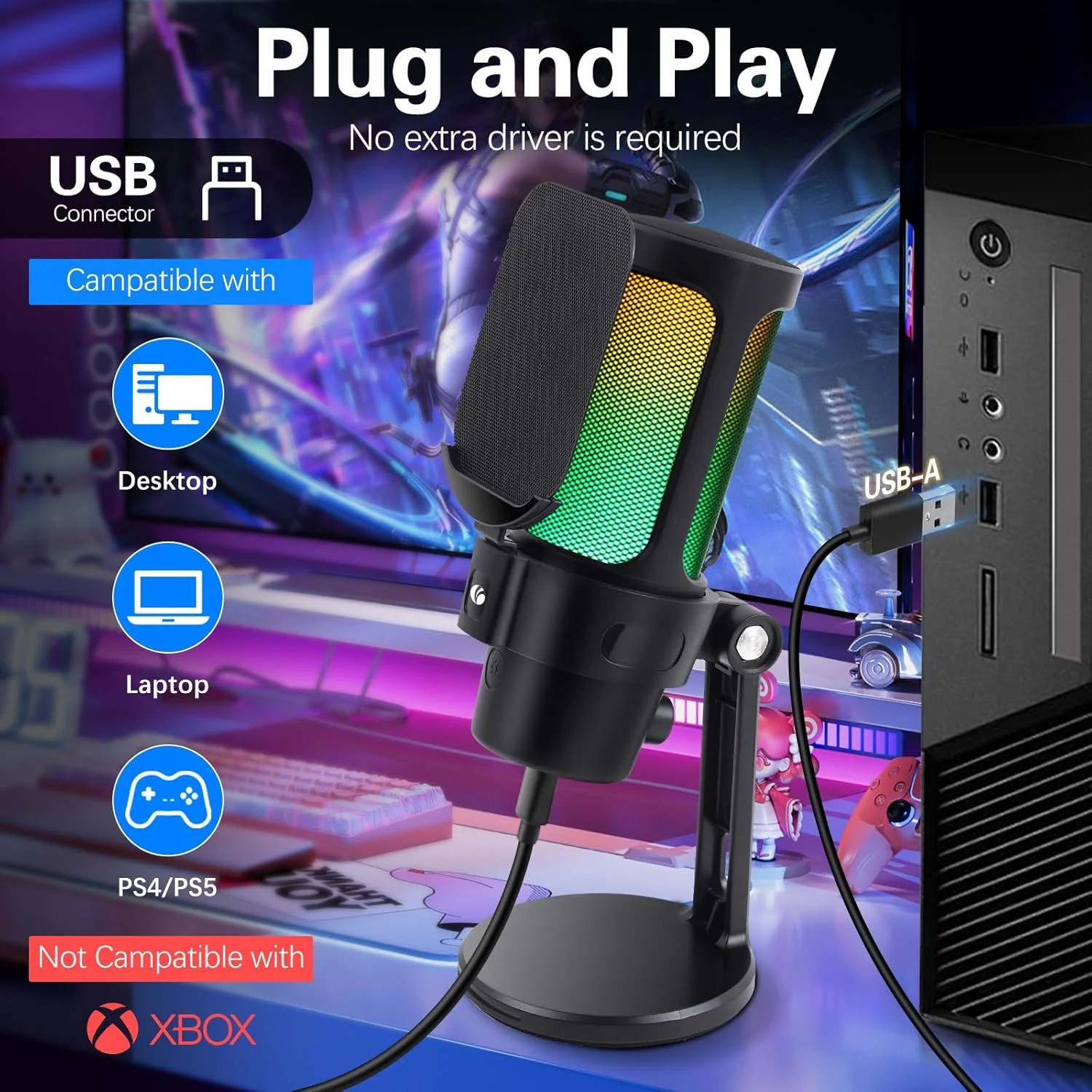 میکروفون USB گیمینگ VCOM، میکروفون دینامیک کاندنسر برای پادکست، با قطع صدای سریع، پایه رومیزی، پاپ فیلتر، نشانگر RGB، شاک مونت، دکمه چرخش گین، سازگار با PS4/5/PC (مشکی) میکروفون USB گیمینگ VCOM، میکروفون دینامیک کاندنسر برای پادکست، با قطع صدای سریع، پایه رومیزی، پاپ فیلتر، نشانگر RGB، شاک مونت، دکمه چرخش گین، سازگار با PS4/5/PC (مشکی)