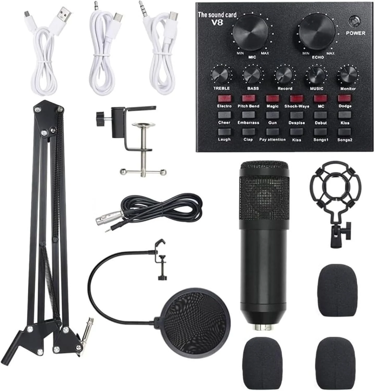 HALAMODO Multi-functional Live Sound Card + Microphone Kit Suspension Transmission Condenser Microphone Set (Black)