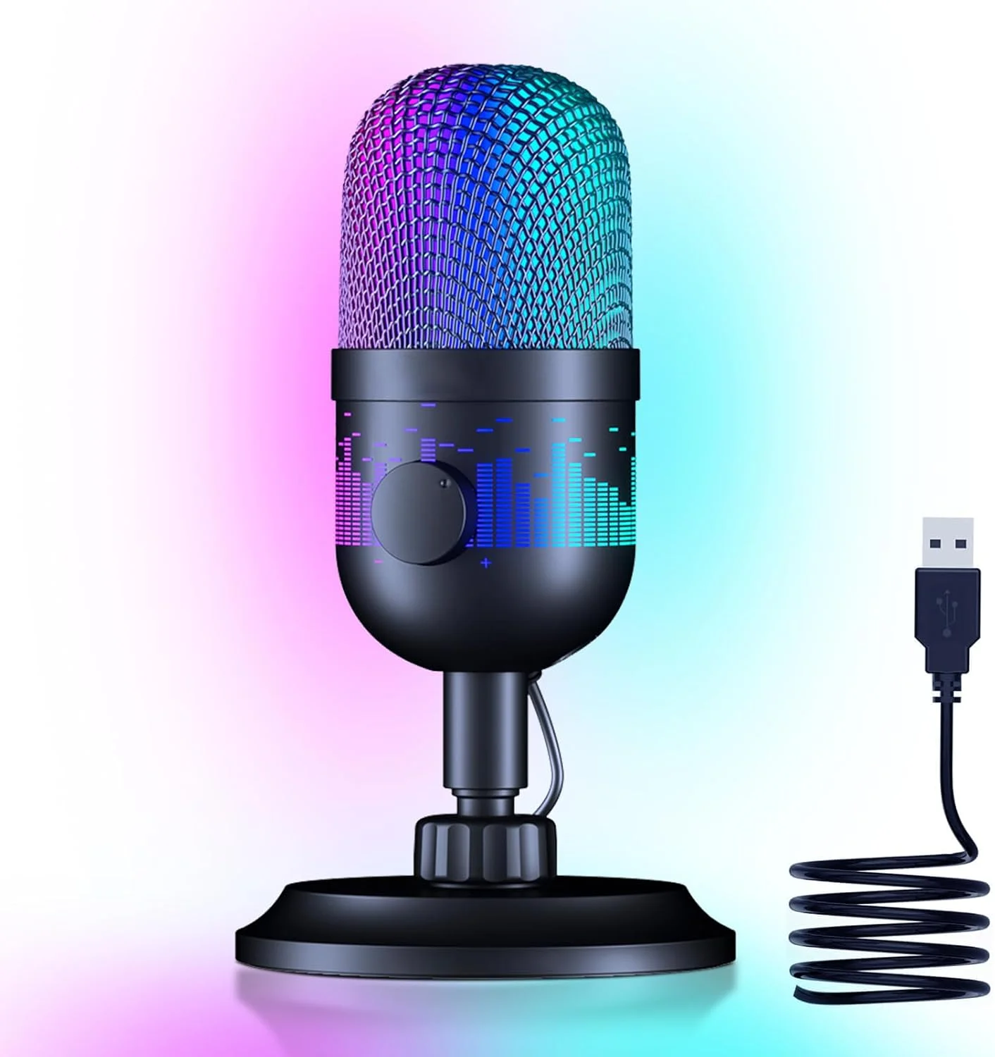 میکروفون گیمینگ USB، میکروفون کندانسور با قطع صدای تک لمسی، مانیتورینگ زنده، کنترل صدا، دکمه قطع صدا و نورهای RGB برای PC، Mac، PS5، ضبط، پادکست، YouTube