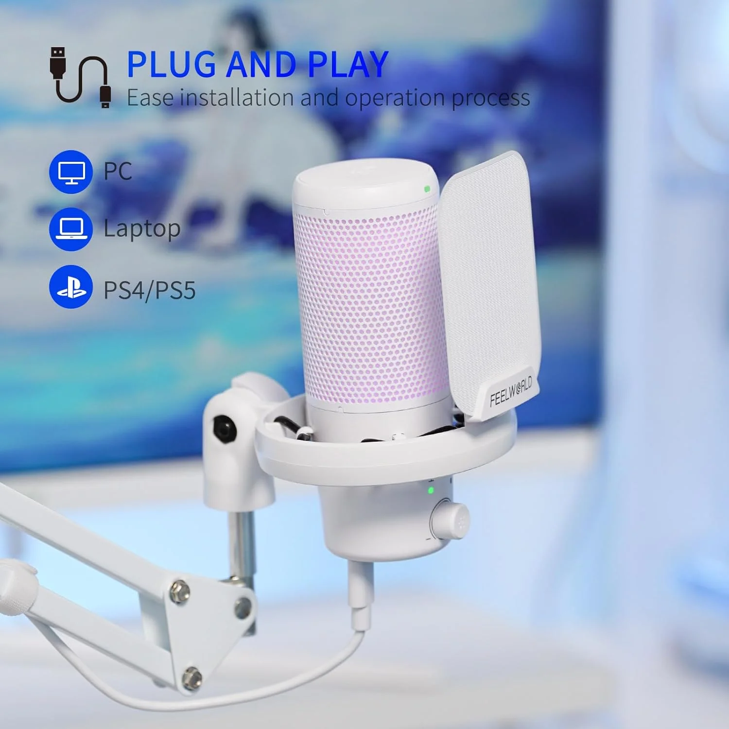 میکروفون USB کاندنسر گیمینگ FEELWORLD VM1 سفید با قابلیت حذف نویز، نور RGB و دکمه قطع صدا، لوازم جانبی کامپیوتر برای گیمرها، یوتیوب، توییچ، پادکست، استریمینگ، ضبط، چت آنلاین PS4 و PS5 میکروفون USB کاندنسر گیمینگ FEELWORLD VM1 سفید با قابلیت حذف نویز، نور RGB و دکمه قطع صدا، لوازم جانبی کامپیوتر برای گیمرها، یوتیوب، توییچ، پادکست، استریمینگ، ضبط، چت آنلاین PS4 و PS5