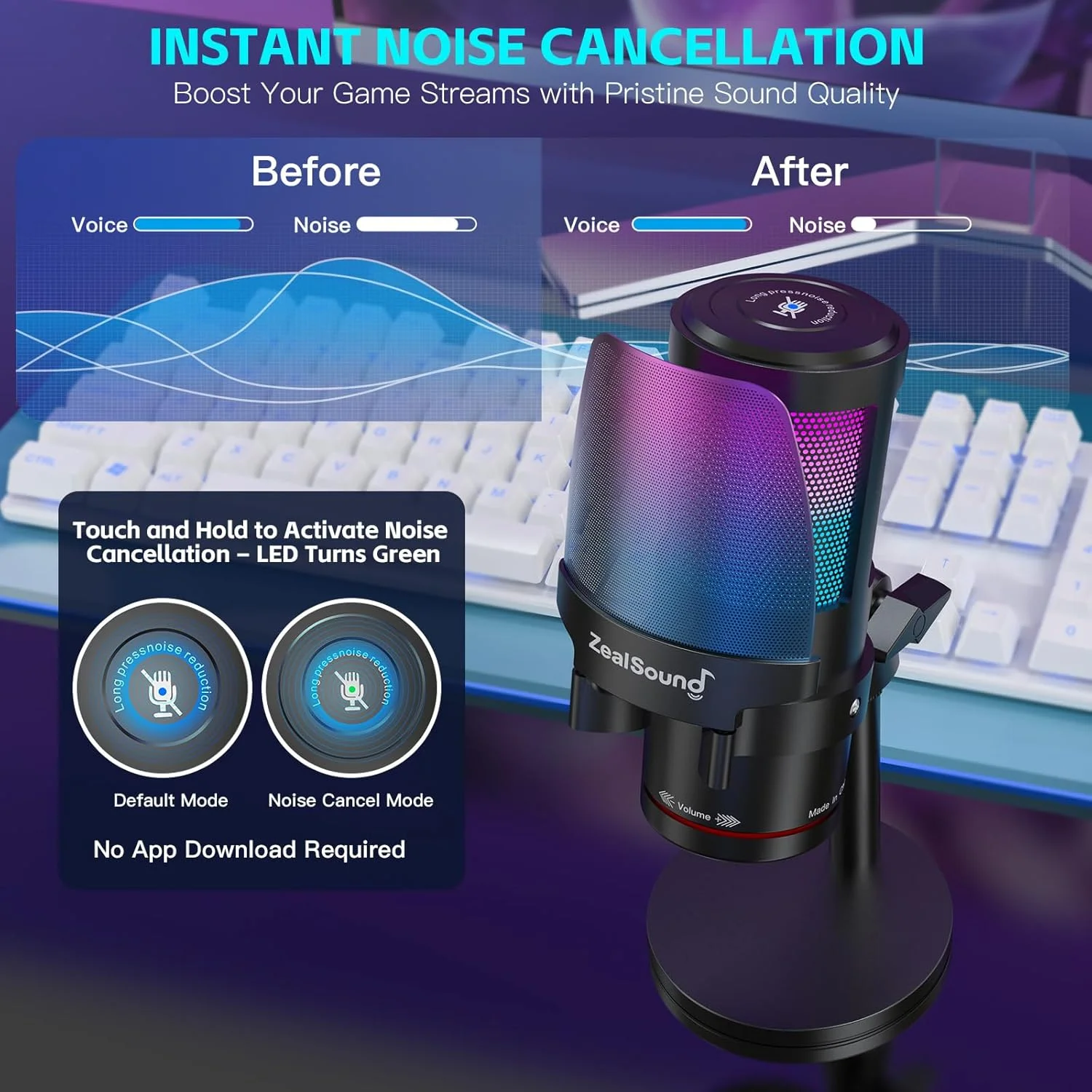 میکروفون USB گیمینگ ZealSound، میکروفون کاندنسر با حذف نویز با نور RGB، قطع صدا لمسی، Gain، مانیتورینگ برای استریم، پادکست، Twitch، YouTube، Discord، iPhone، iPad، PC، کامپیوتر، PS4، PS5، Mac، GamerWave