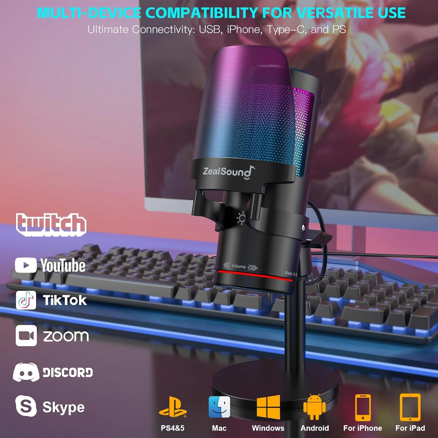میکروفون USB گیمینگ ZealSound، میکروفون کاندنسر با حذف نویز با نور RGB، قطع صدا لمسی، Gain، مانیتورینگ برای استریم، پادکست، Twitch، YouTube، Discord، iPhone، iPad، PC، کامپیوتر، PS4، PS5، Mac، GamerWave