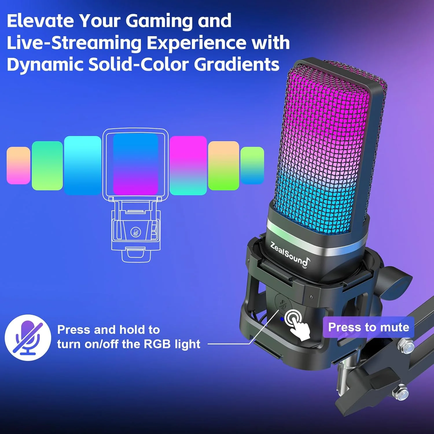 میکروفون USB گیمینگ RGB ZealSound، میکروفون کاندنسر با قابلیت حذف نویز برای تلفن، کامپیوتر، دارای دکمه قطع صدا، کنترل گین، بازوی بوم و فیلتر پاپ، میکروفون برای پادکست، استریمینگ، PS4، PS5، مک، یوتیوب، توییچ، دیسکورد