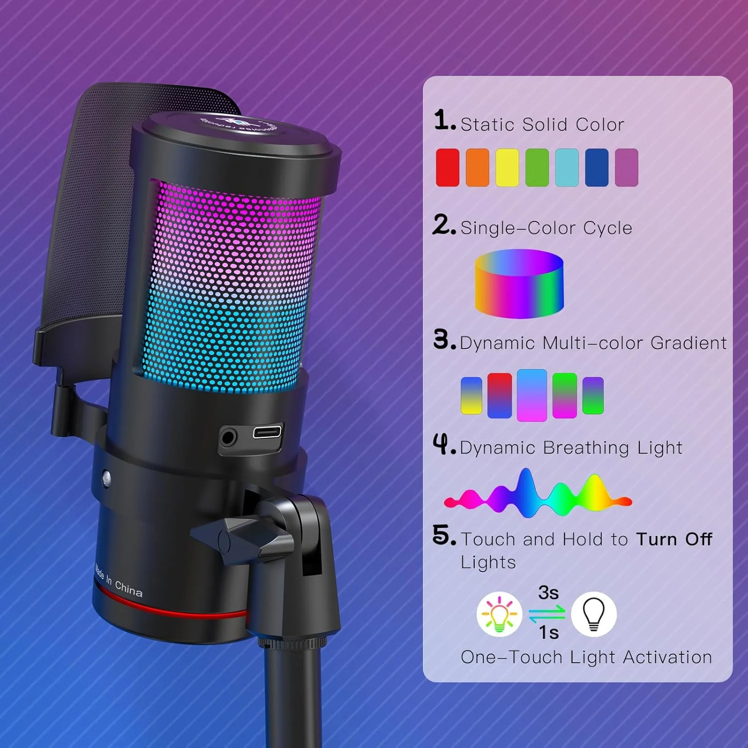 میکروفون USB گیمینگ ZealSound، میکروفون کاندنسر با حذف نویز با نور RGB، قطع صدا لمسی، Gain، مانیتورینگ برای استریم، پادکست، Twitch، YouTube، Discord، iPhone، iPad، PC، کامپیوتر، PS4، PS5، Mac، GamerWave