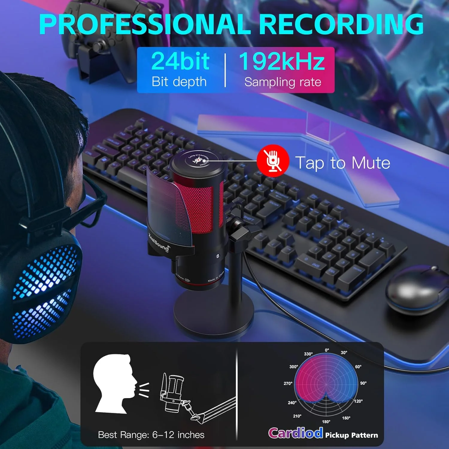 میکروفون USB گیمینگ ZealSound، میکروفون کاندنسر با حذف نویز با نور RGB، قطع صدا لمسی، Gain، مانیتورینگ برای استریم، پادکست، Twitch، YouTube، Discord، iPhone، iPad، PC، کامپیوتر، PS4، PS5، Mac، GamerWave
