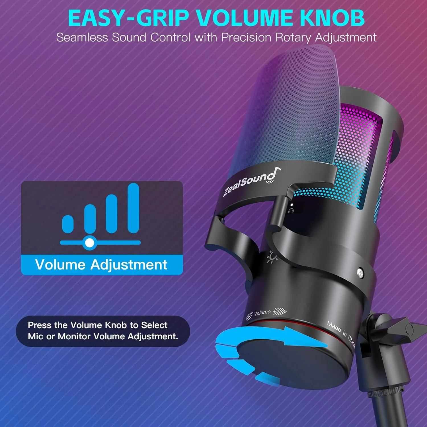 میکروفون USB گیمینگ ZealSound، میکروفون کاندنسر با حذف نویز با نور RGB، قطع صدا لمسی، Gain، مانیتورینگ برای استریم، پادکست، Twitch، YouTube، Discord، iPhone، iPad، PC، کامپیوتر، PS4، PS5، Mac، GamerWave